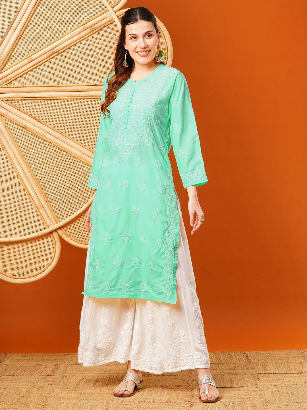 

ADA Ethnic Motifs Embroidered Chikankari Cotton Straight Kurta, Sea green