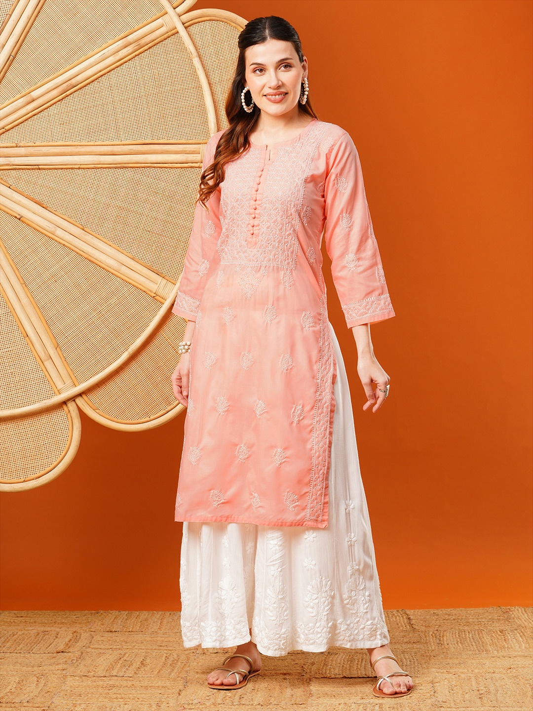 

ADA Ethnic Motifs Embroidered Chikankari Detail Long Sleeves Side Slit Regular Kurta, Peach