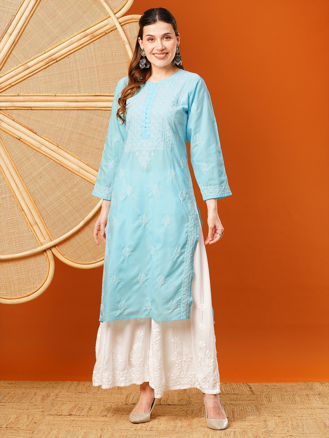 

ADA Ethnic Motifs Embroidered Chikankari Detail Long Sleeves Side Slit Regular Kurta, Blue