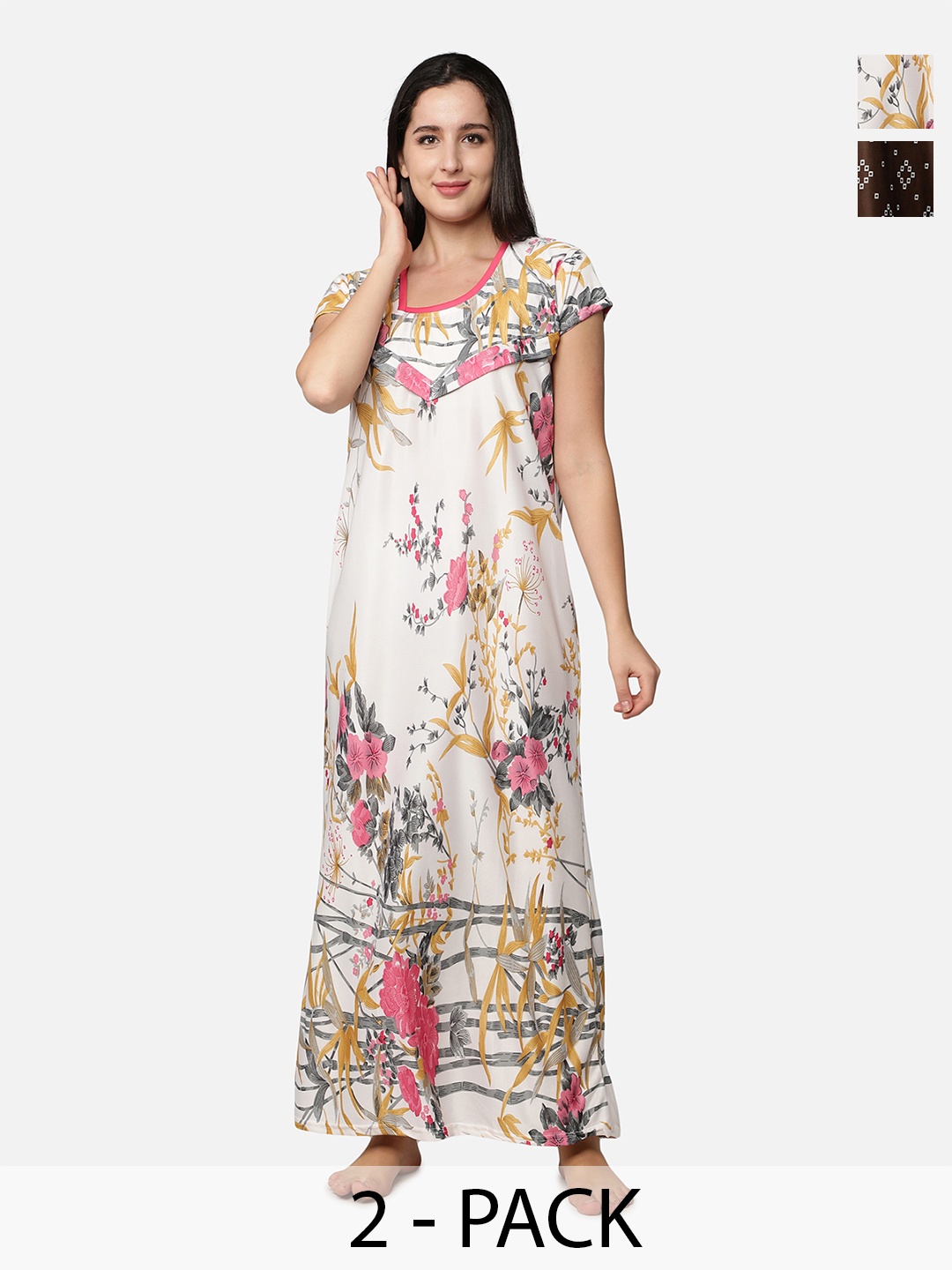 

Be You Pack Of 2 Women Floral Printed Maxi Nightdress, Brown