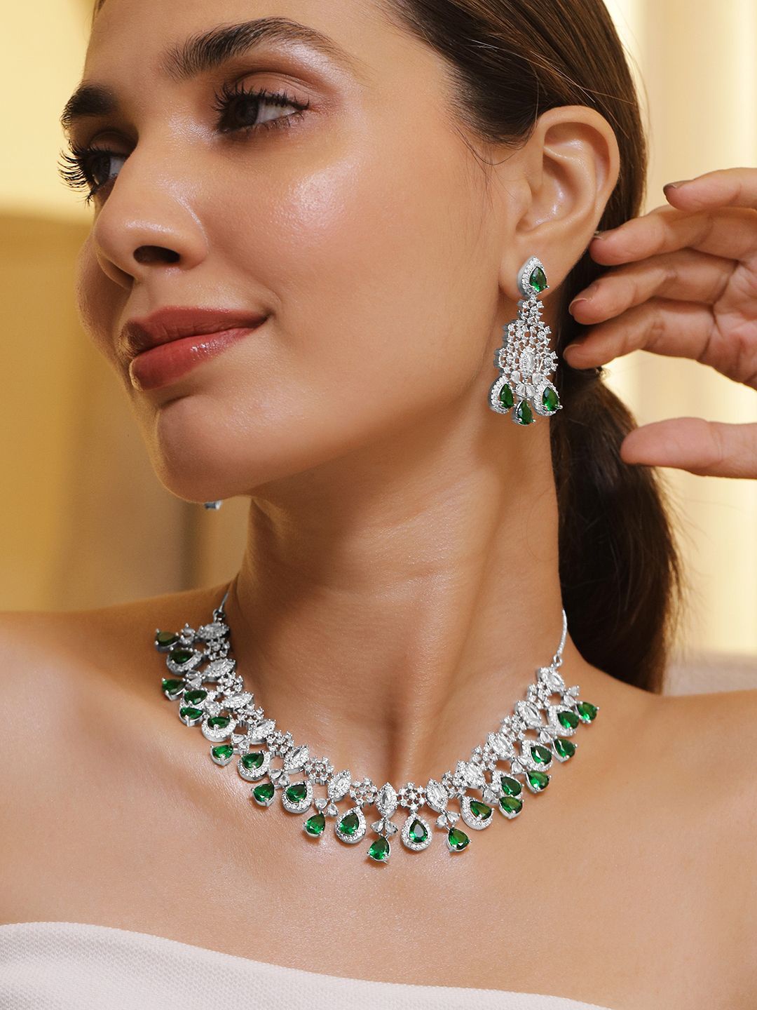 

Rubans Rhodium Plated Emerald Green & White Cubic Zirconia Studded Statement Jewellery Set, Silver