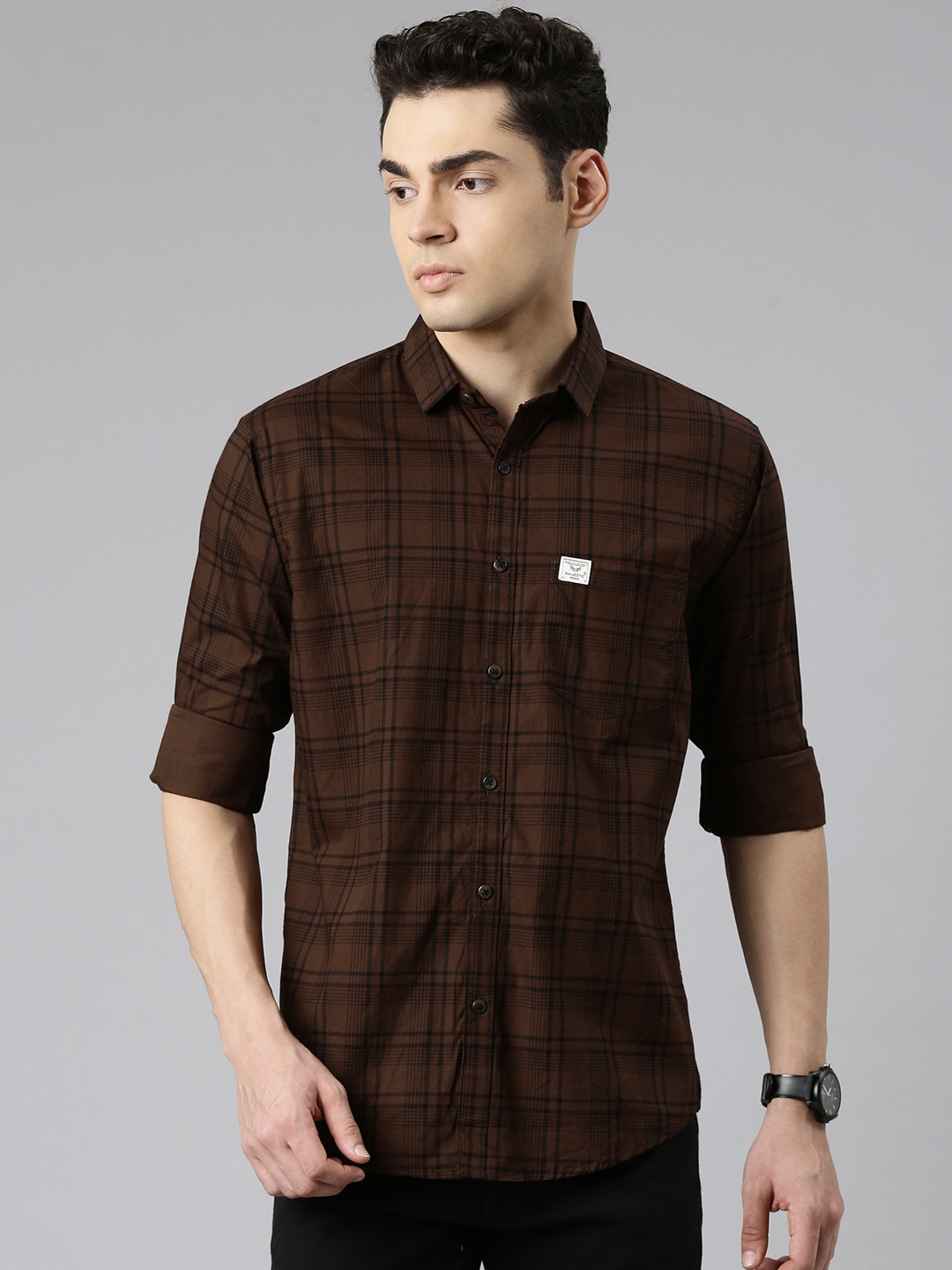 

Majestic Man Comfort Slim Fit Tartan Checks Opaque Cotton Casual Shirt, Brown