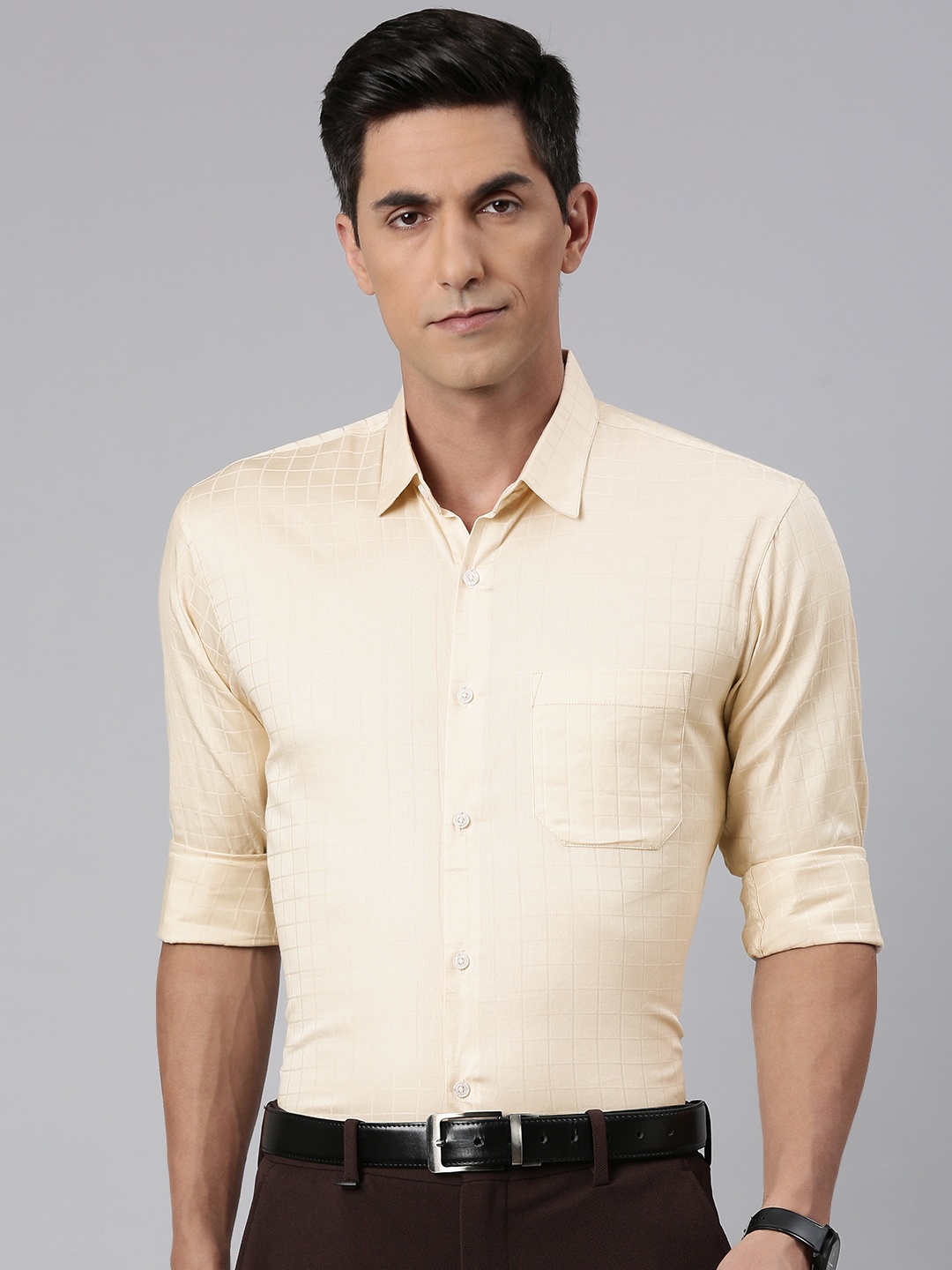 

Majestic Man Comfort Slim Fit Windowpane Checked Formal Shirt, Cream