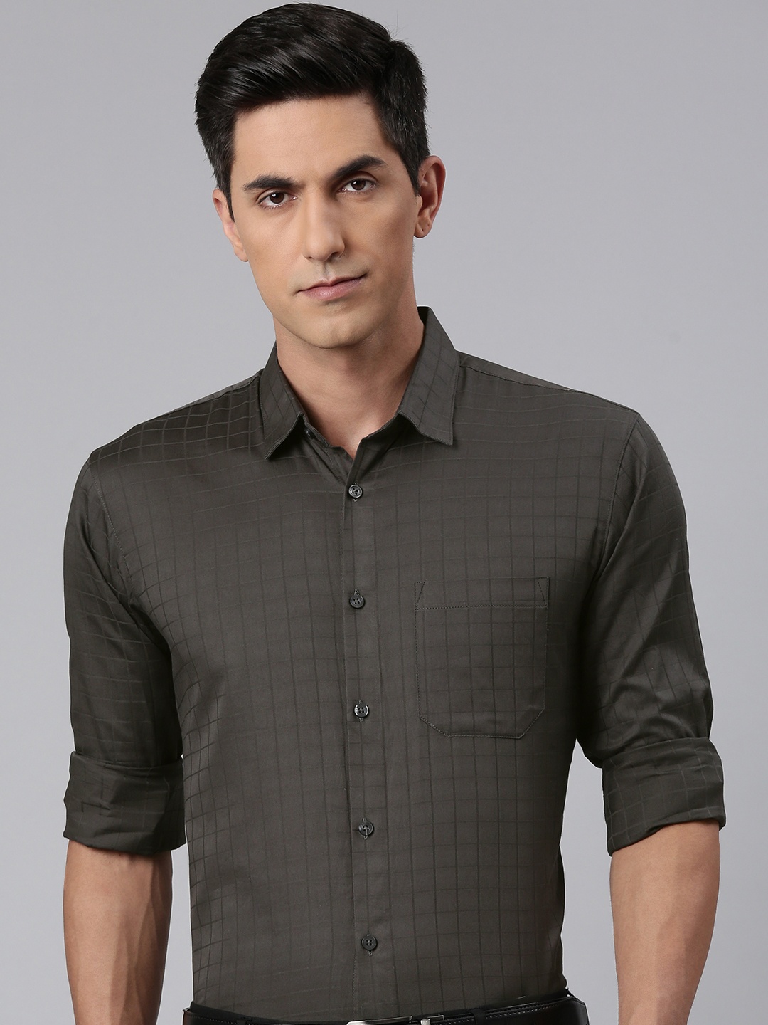 Majestic Man Comfort Slim Fit Windowpane Checked Formal Shirt, Grey