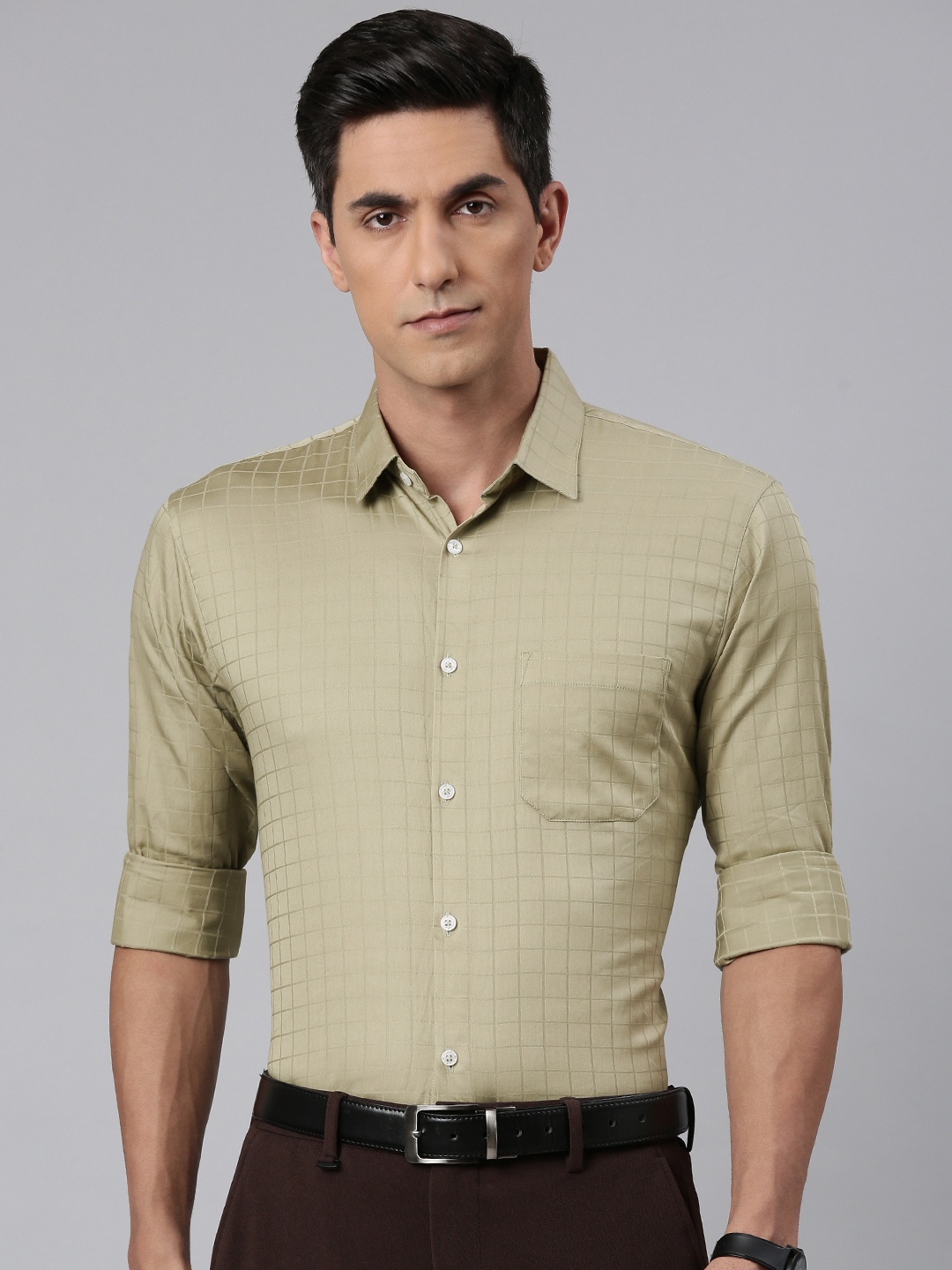 

Majestic Man Comfort Slim Fit Windowpane Checked Formal Shirt, Green