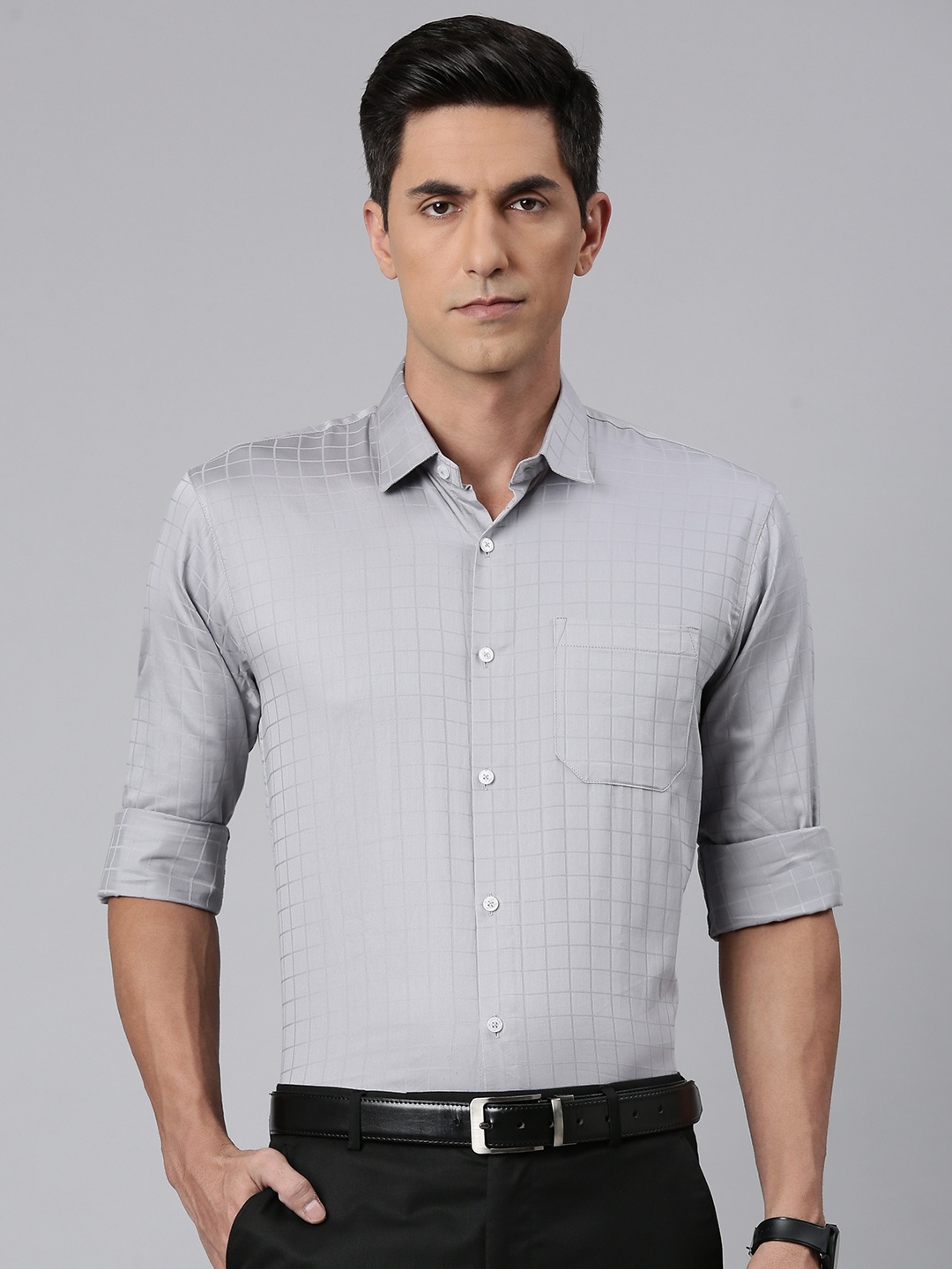 

Majestic Man Comfort Slim Fit Windowpane Checked Formal Shirt, Grey