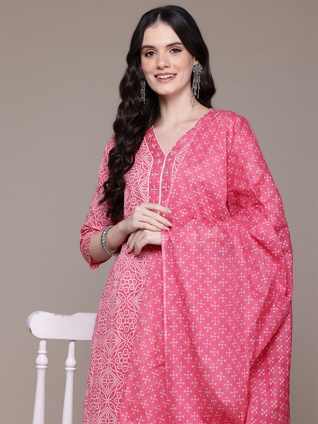 

Readiprint Bandhani Printed Aari Work Kurta with Palazzos & Dupatta, Pink