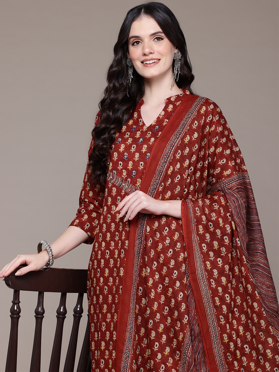 

Readiprint Floral Printed Aari Work Pure Cotton Kurta with Palazzos & Dupatta, Maroon