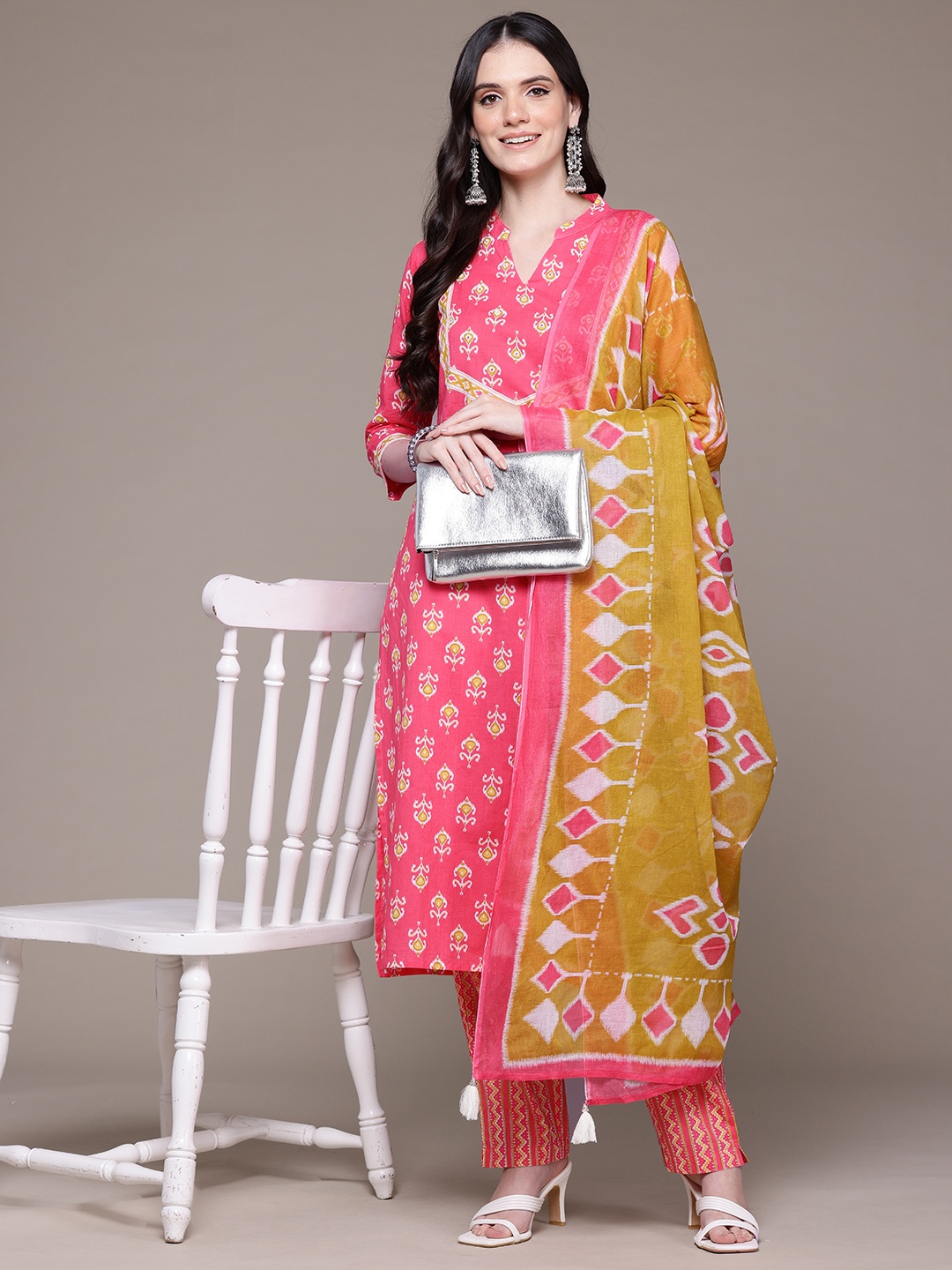 

Readiprint Floral Printed Aari Work Pure Cotton Kurta with Palazzos & Dupatta, Pink