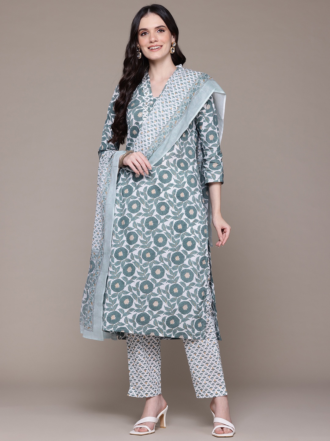 

Readiprint Floral Printed Sequined Pure Cotton Kurta with Palazzos & With Dupatta, Teal