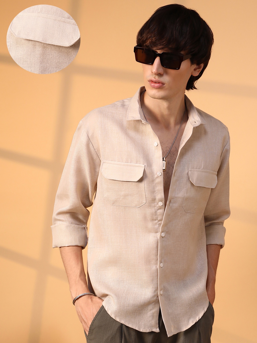 

Campus Sutra Men Comfort Spread Collar Solid Cotton Casual Shirt, Beige