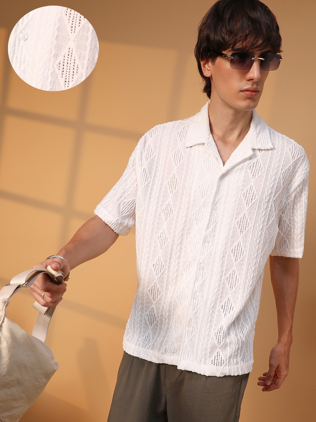 

Campus Sutra Men Comfort Cuban Collar Solid Cotton Oversized Casual Shirt, White