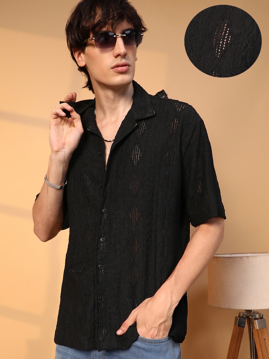 

Campus Sutra Men Comfort Cuban Collar Solid Cotton Oversized Casual Shirt, Black