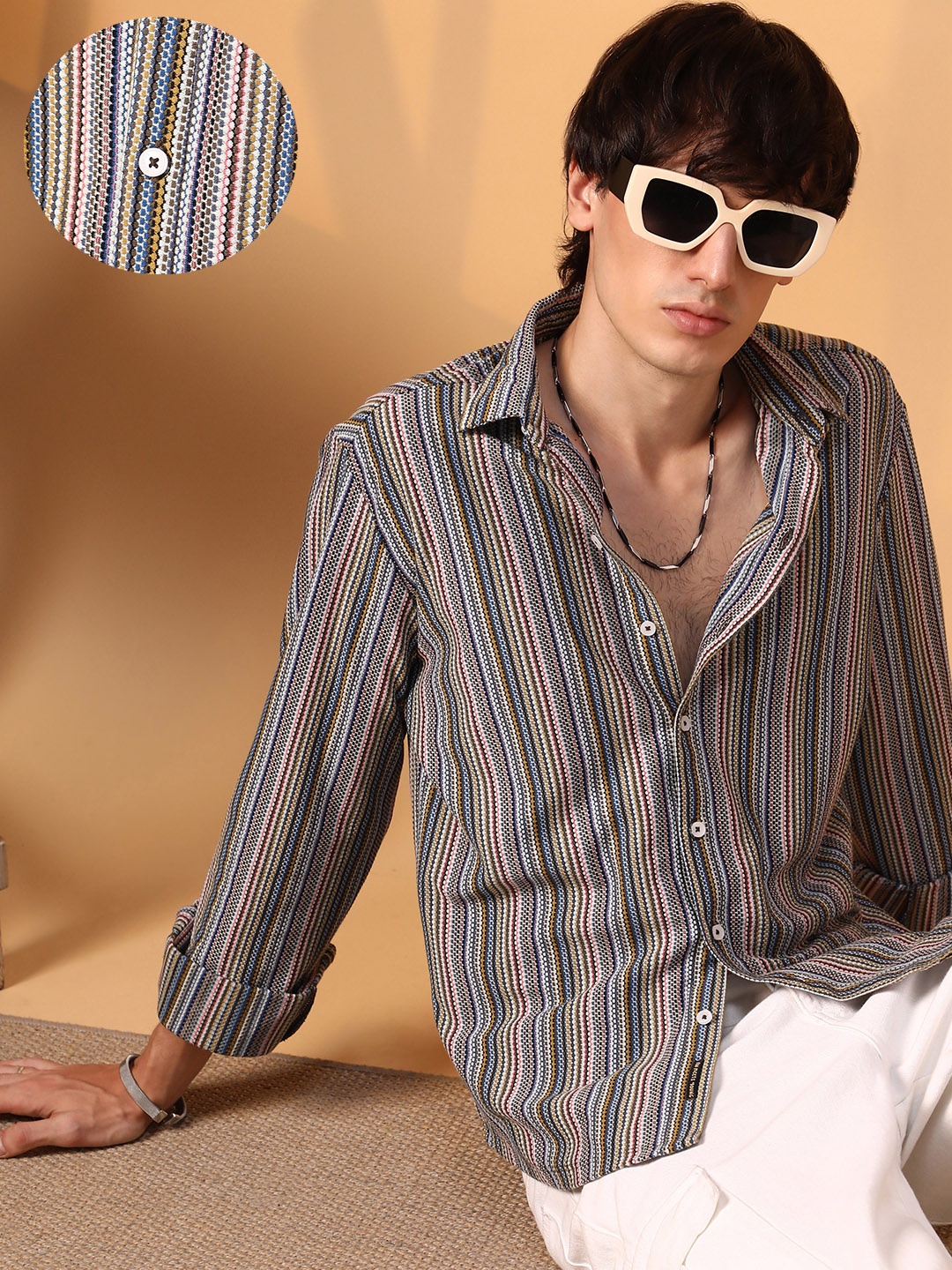 

Campus Sutra Men Comfort Spread Collar Multi Striped Cotton Casual Shirt, Pink