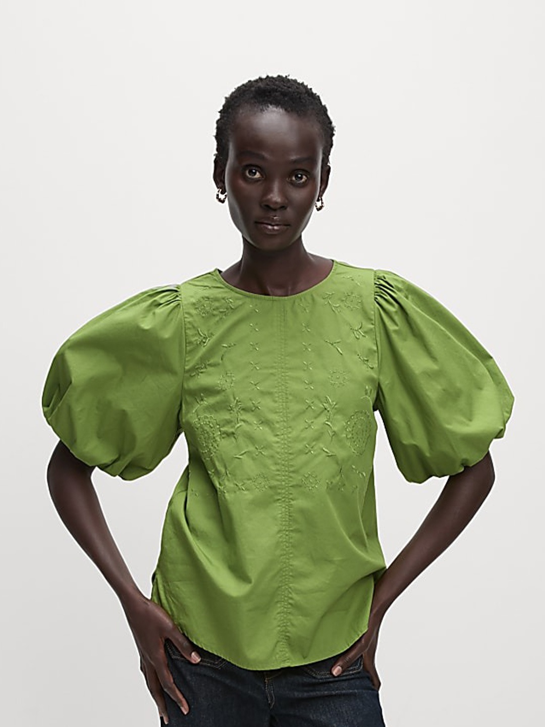 

Marks & Spencer Puff Sleeve Cotton Top, Green