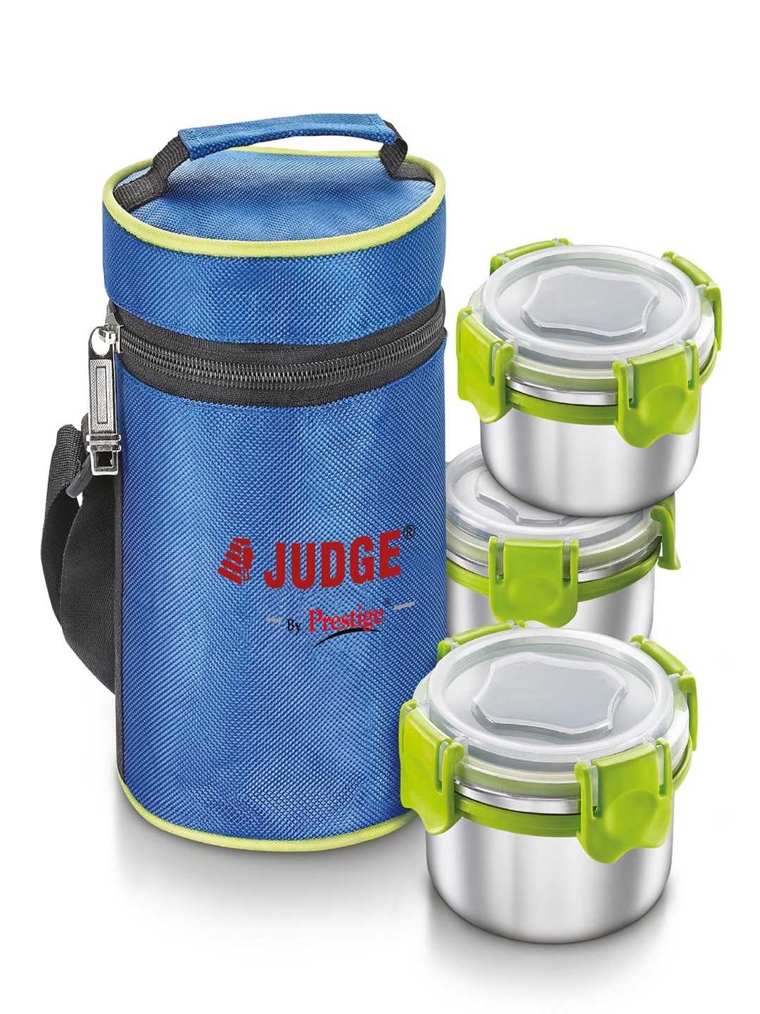 

JUDGE By Prestige Green & Blue 3 Pieces Stainless Steel Lunch Box With Pouch - 300 ml, Silver