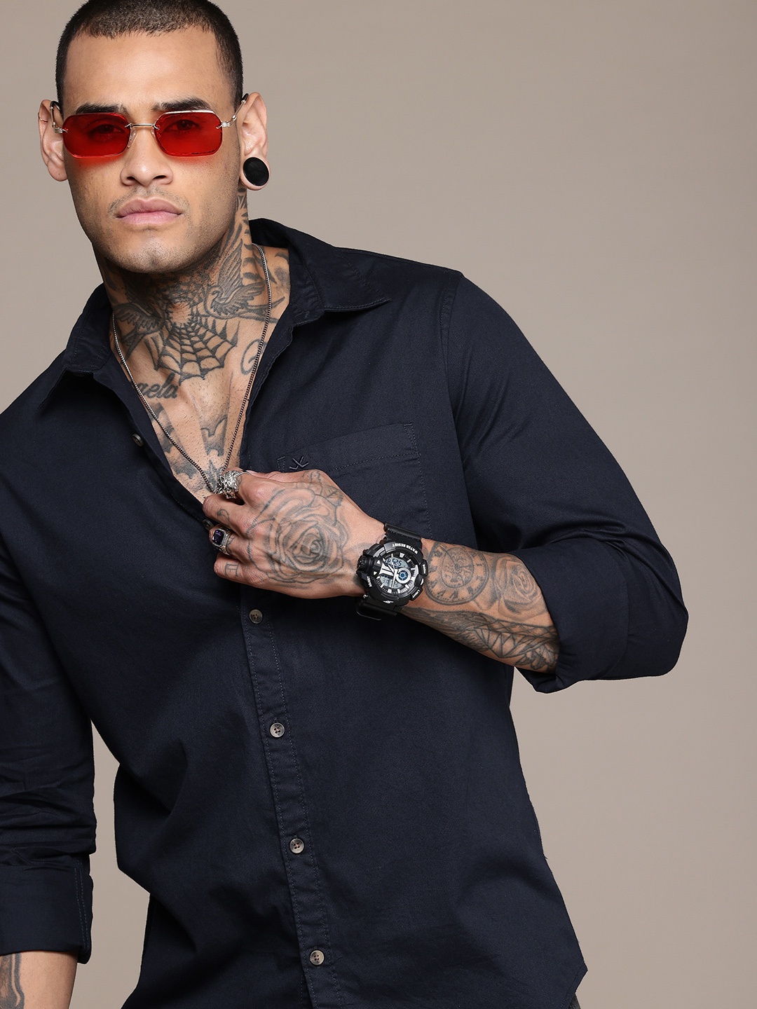 

WROGN Pure Cotton Casual Shirt, Navy blue