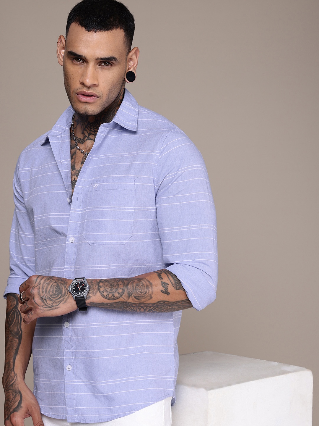 

WROGN Horizontal Stripes Pure Cotton Casual Shirt, Blue