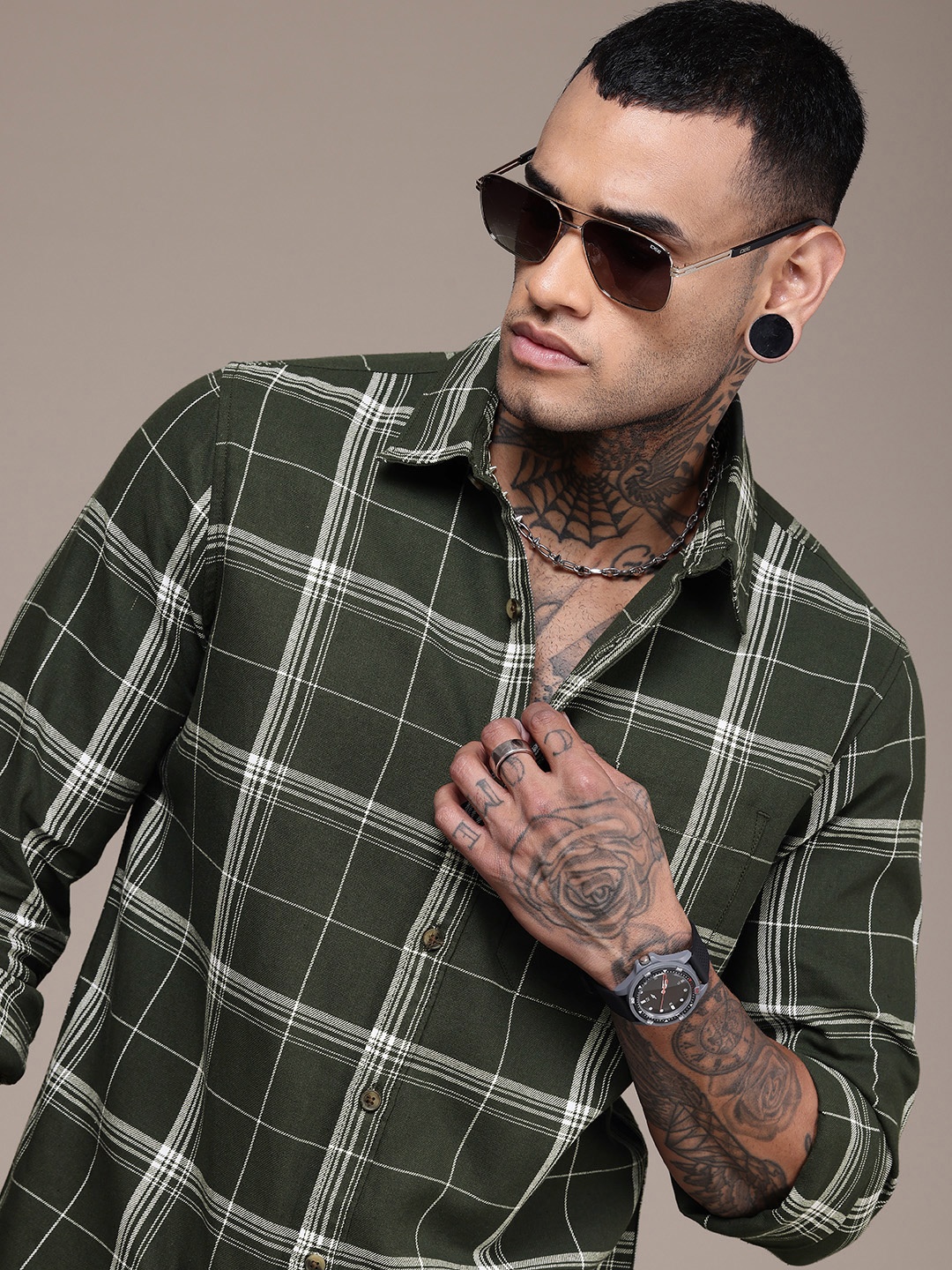 

WROGN Checked Casual Shirt, Olive