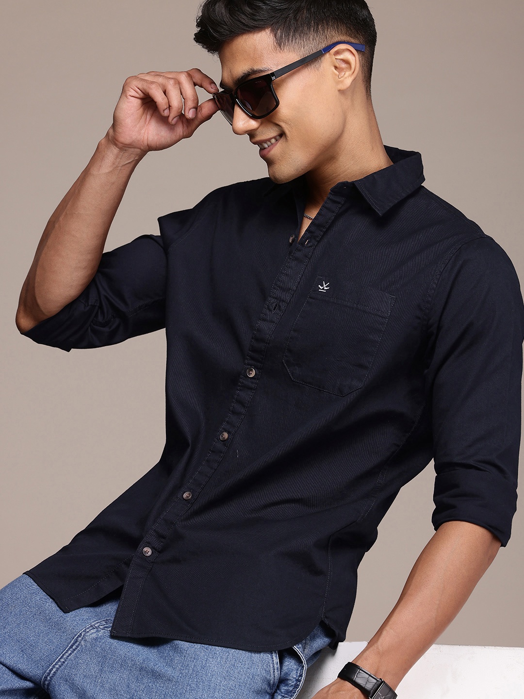 

WROGN Pure Cotton Spread Collar Casual Shirt, Navy blue