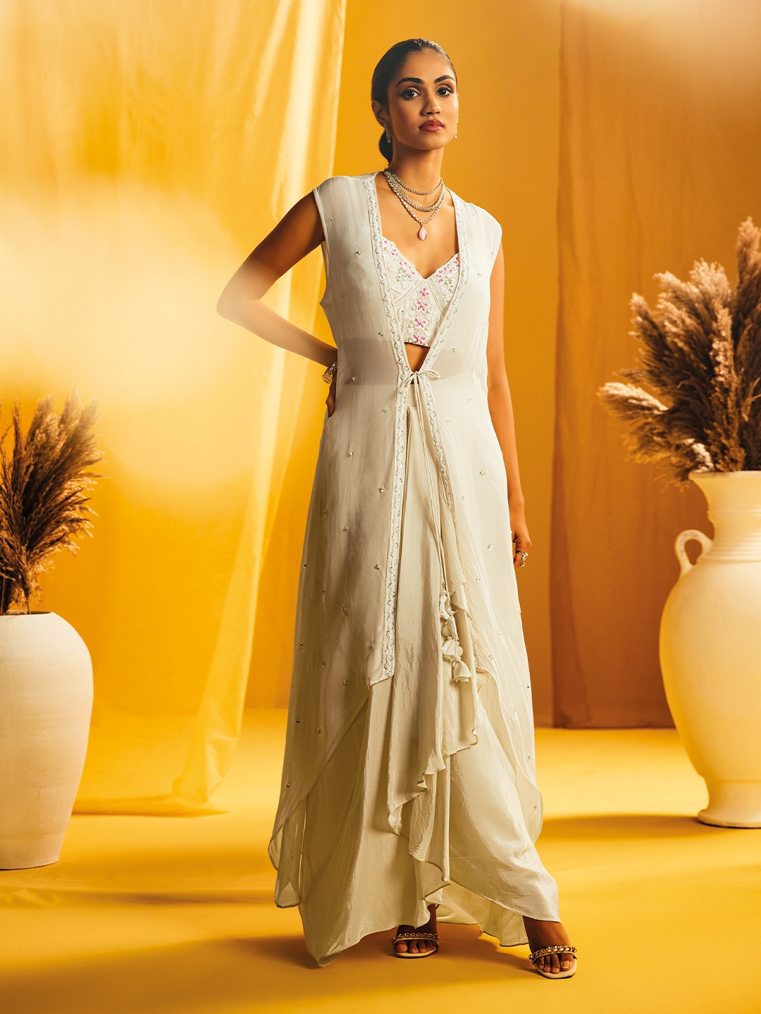 

Soch Tissue Embellished Crop Top & Draped Skirt & Shrug, Cream