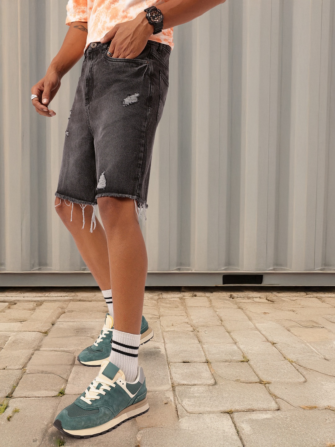 

Kook N Keech Men Soft Edge Skater Fit Ripped Light Fade Frayed Denim Shorts, Grey