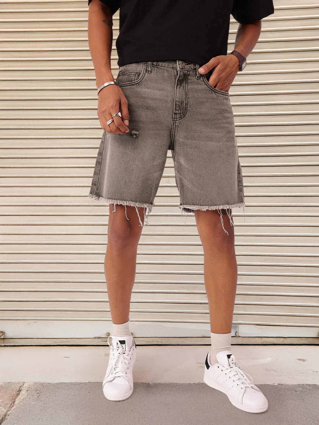 

Kook N Keech Men Bermuda Fit Ripped Light Faded Frayed Denim Shorts, Grey