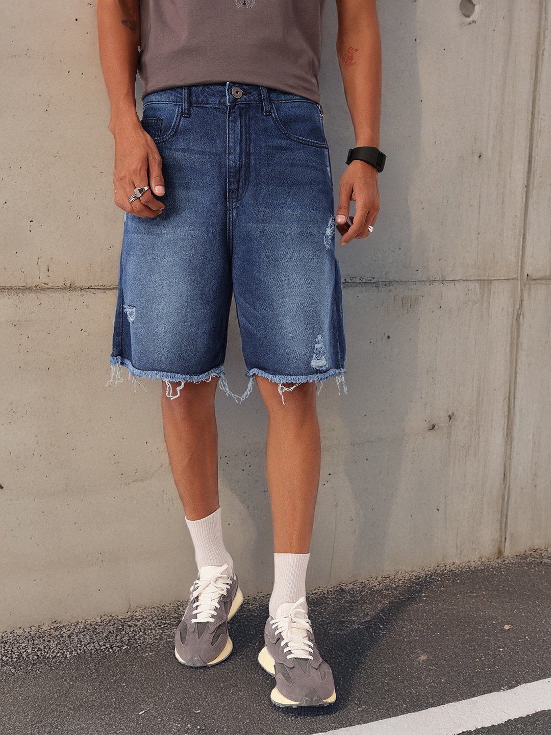 

Kook N Keech Men Urban Grunge Skater Fit Ripped Light Faded Frayed Denim Shorts, Blue