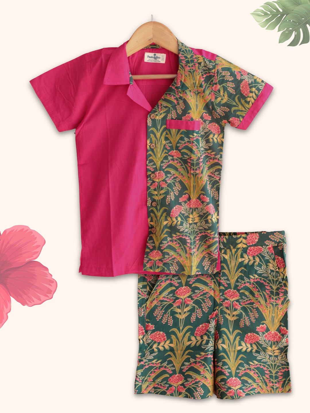 

Peekaaboo Kids Boys Printed Pure Cotton Shirt with Shorts, Pink