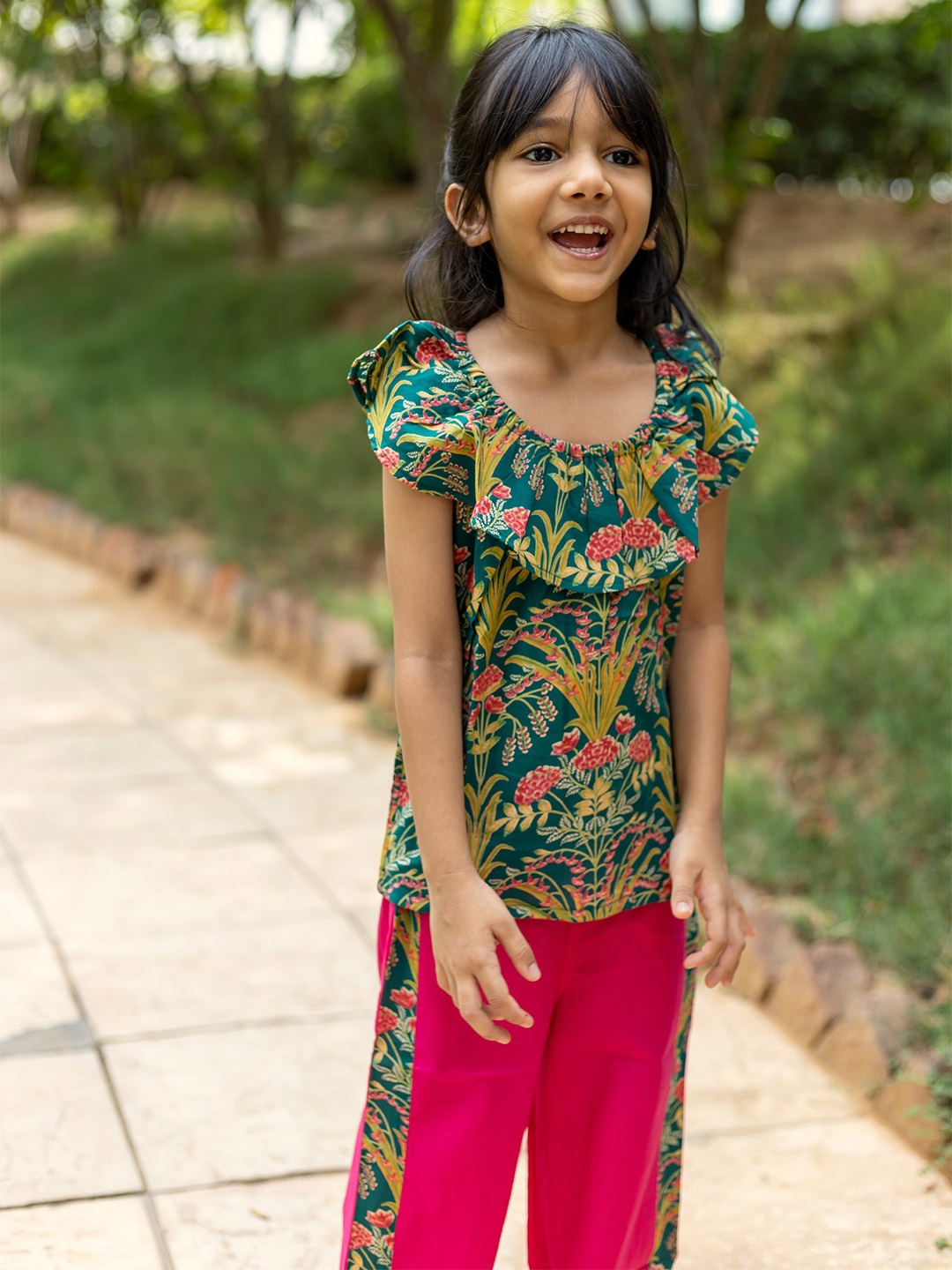 

Peekaaboo Kids Girls Printed Pure Cotton Top with Trouser, Pink