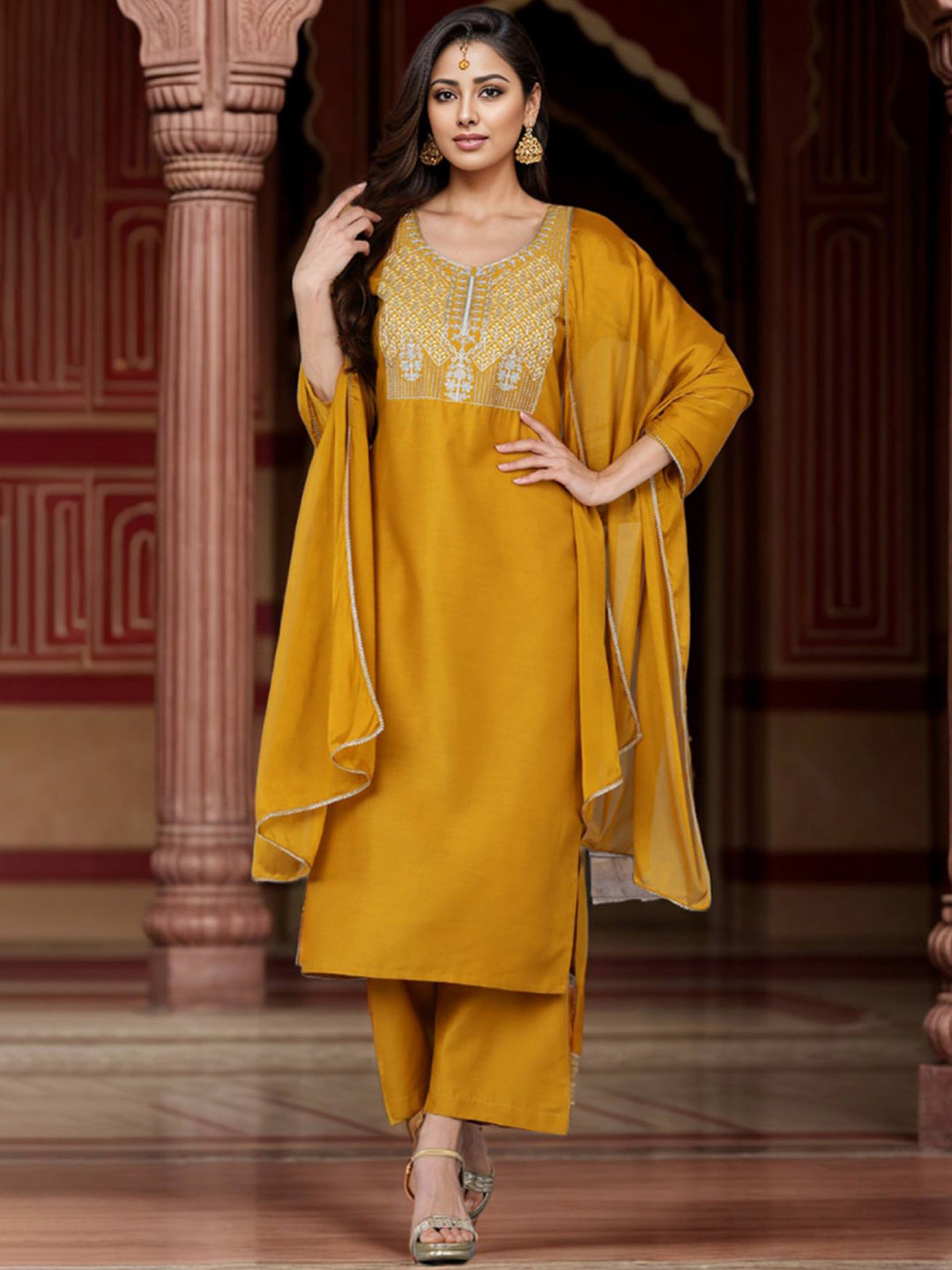 

Anouk Floral Yoke Design Regular Straight Kurta with Palazzos & Dupatta, Mustard
