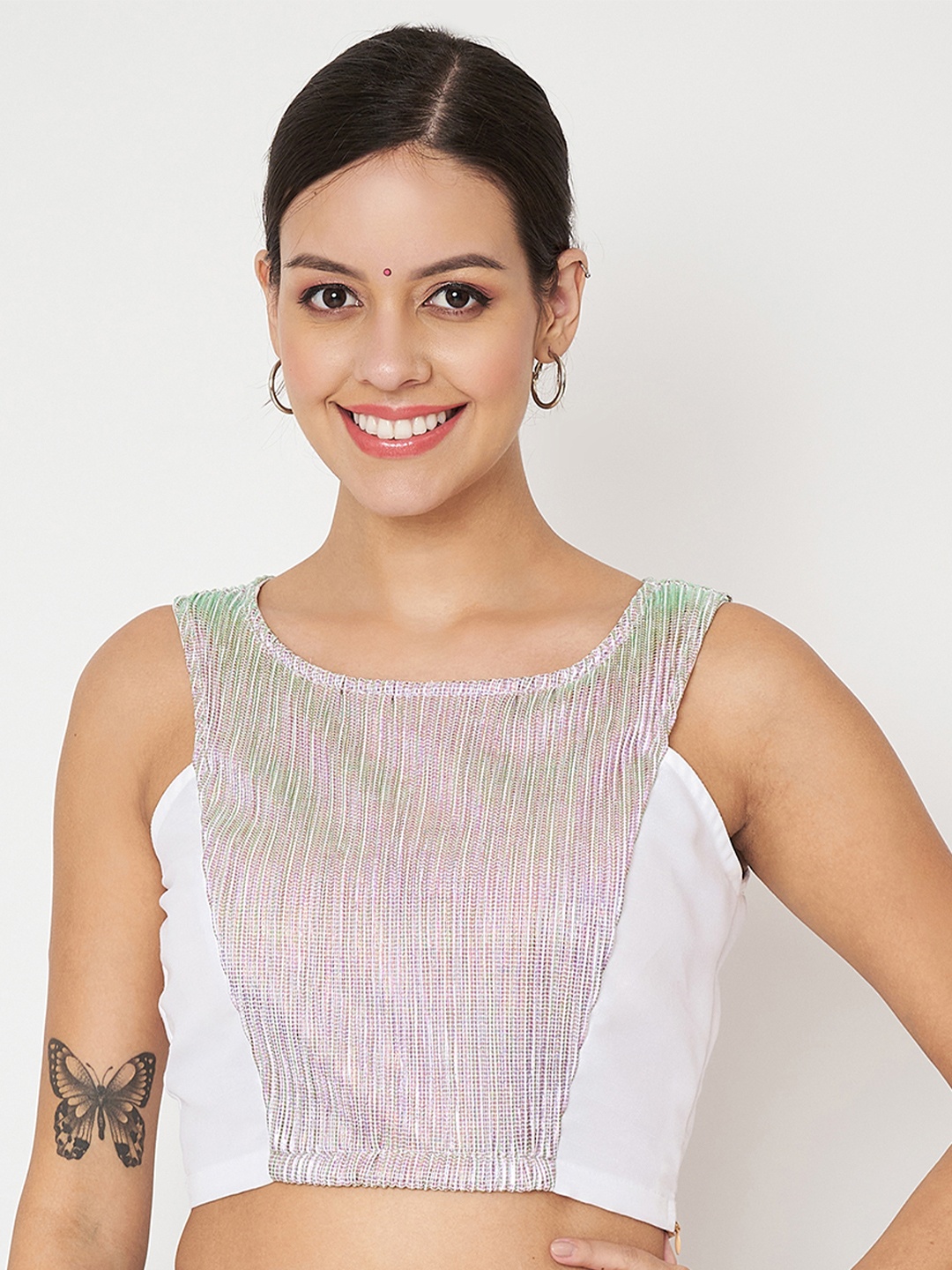 

studio rasa Embellished Blouson Crop Top, Metallic