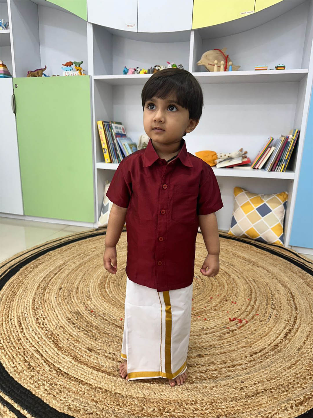 

LITTLE GINNIE Boys Shirt Collar Shirt With Veshti, Maroon