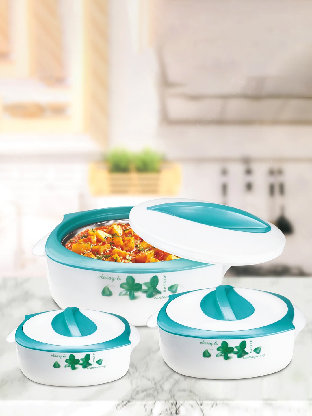 

Nayasa Desire Set Of 3 Blue Insulated Serving Casserole With Lid 500ML, 800ML &1.2L