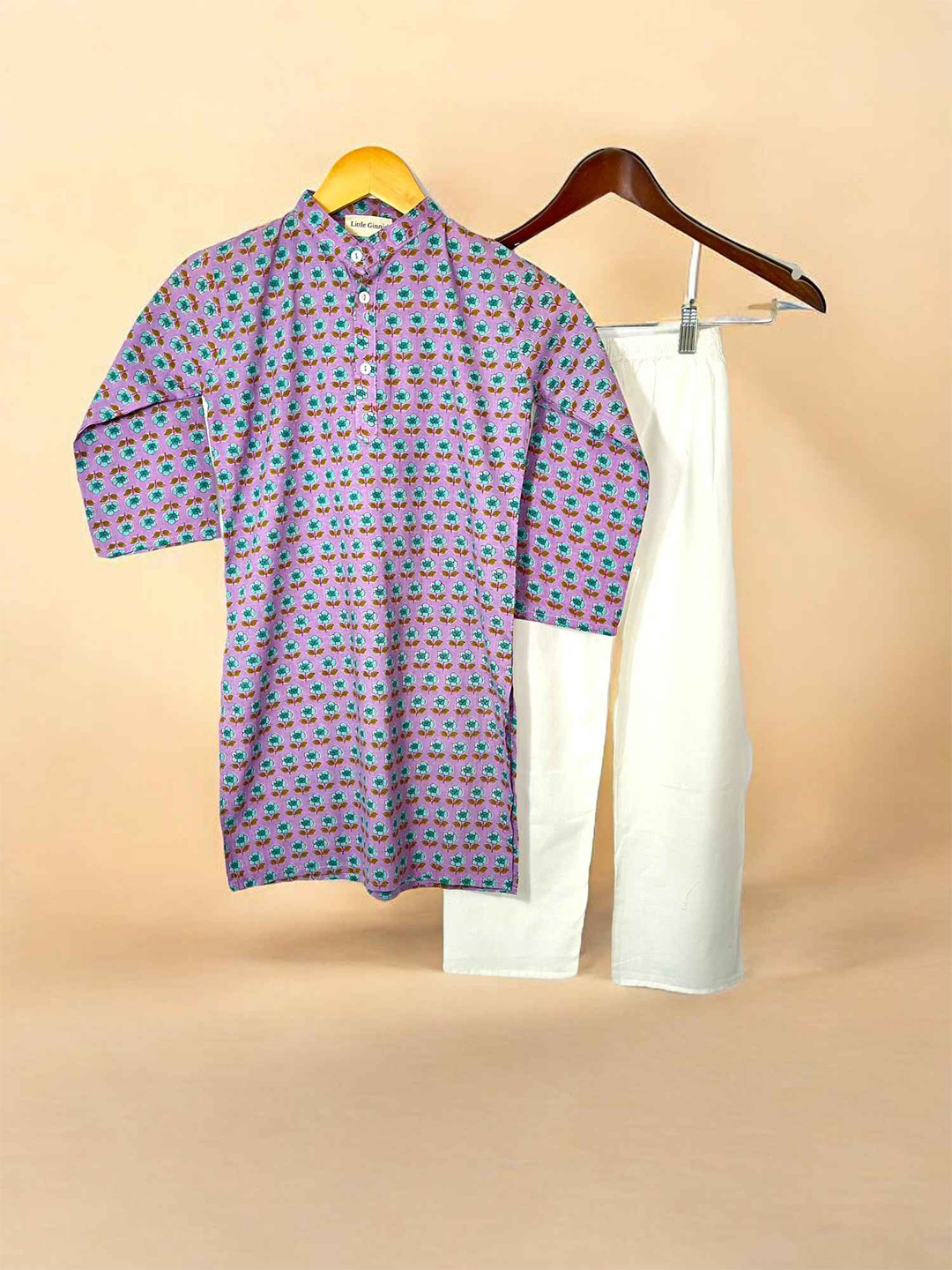 

LITTLE GINNIE Boys Floral Printed Band Collar Pure Cotton Straight Kurta, Purple