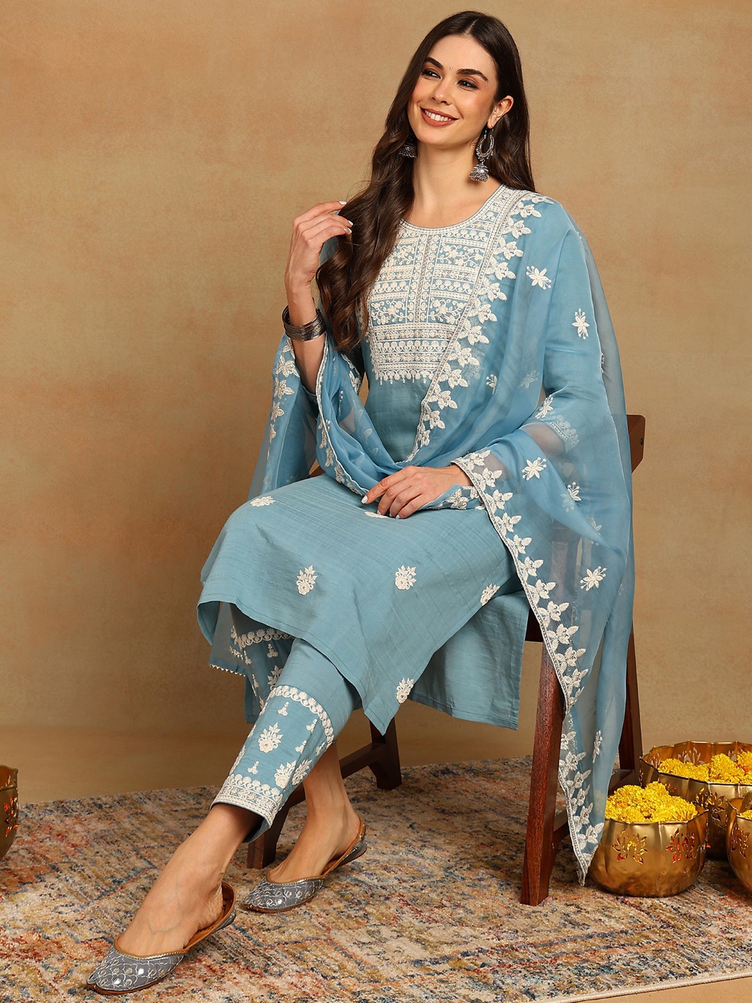 

KALINI Floral Embroidered Thread Work Kurta with Trousers & Dupatta, Blue