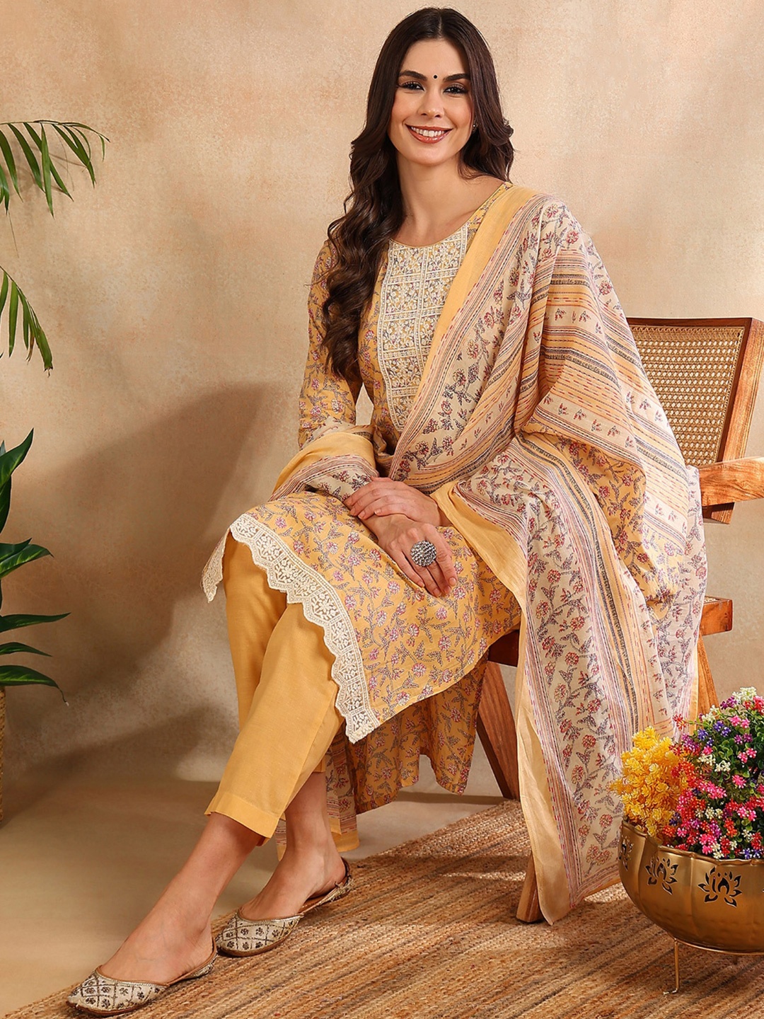 

KALINI Floral Printed Regular Thread Work Straight Kurta with Trousers & Dupatta, Yellow