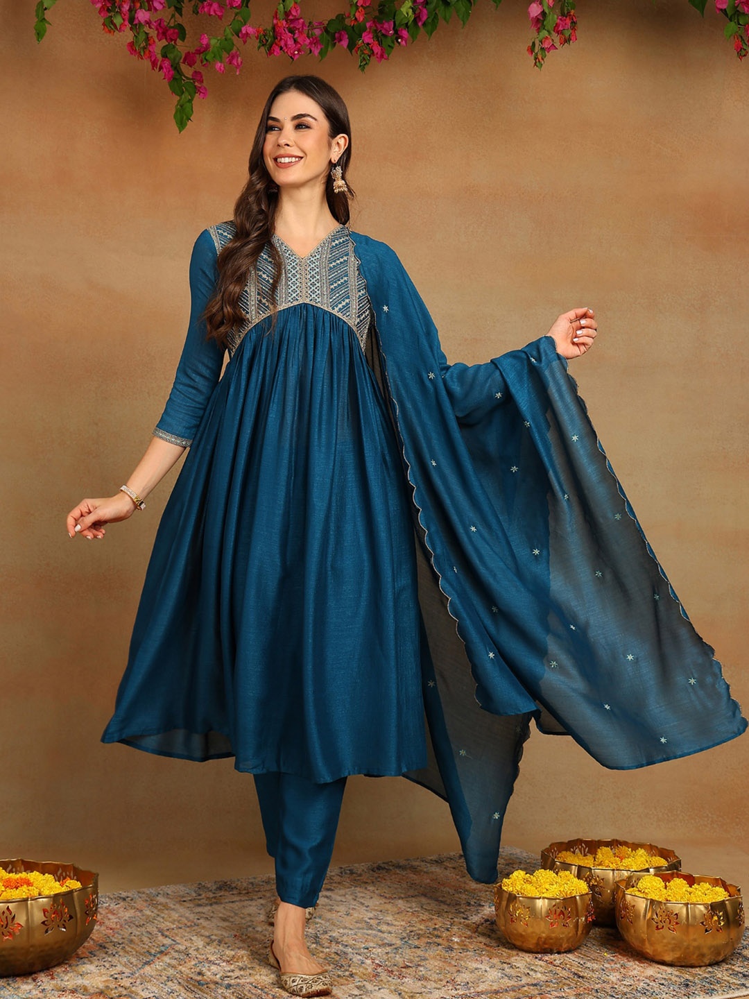 

KALINI Floral Yoke Design Empire Sequinned A-Line Kurta with Trousers & Dupatta, Blue