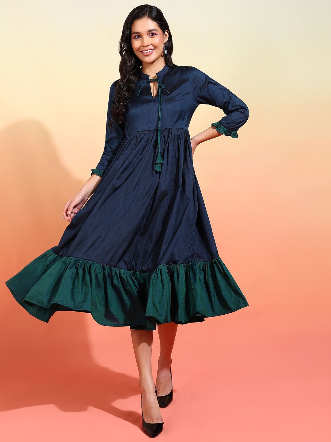 

mokshi Tie-Up Neck Satin Fit & Flare Midi Dress, Navy blue