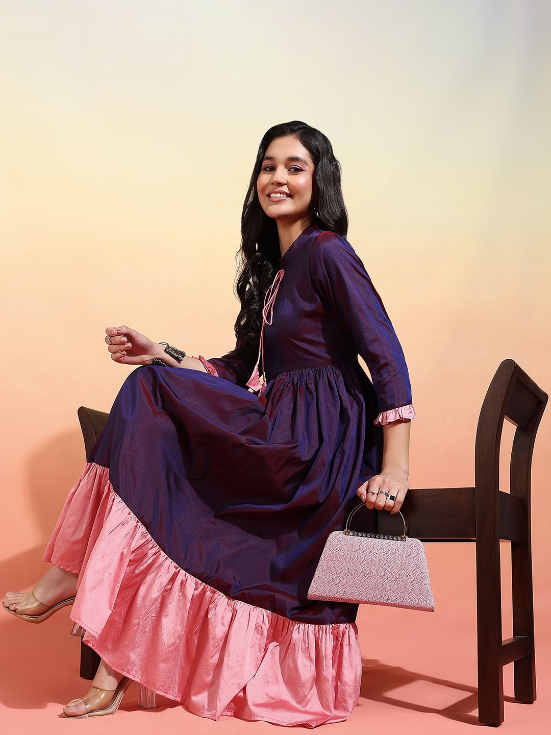 

mokshi Mandarin Collar Satin Fit & Flare Midi Dress, Purple
