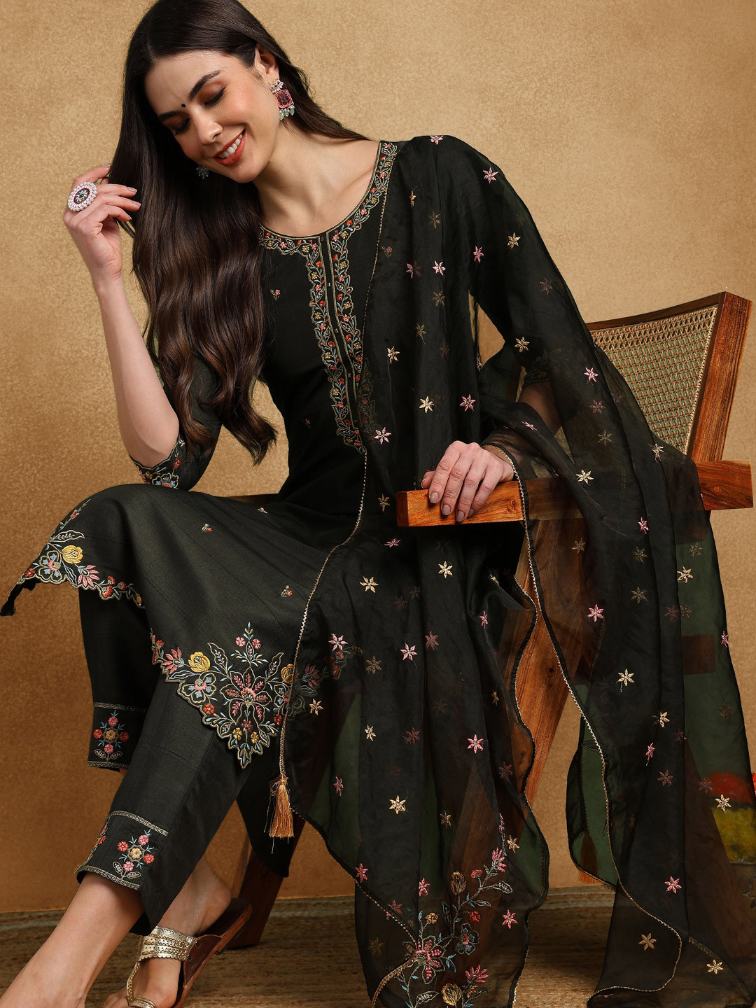 

KALINI Floral Embroidered Thread Work Kurta with Trousers & Dupatta, Olive