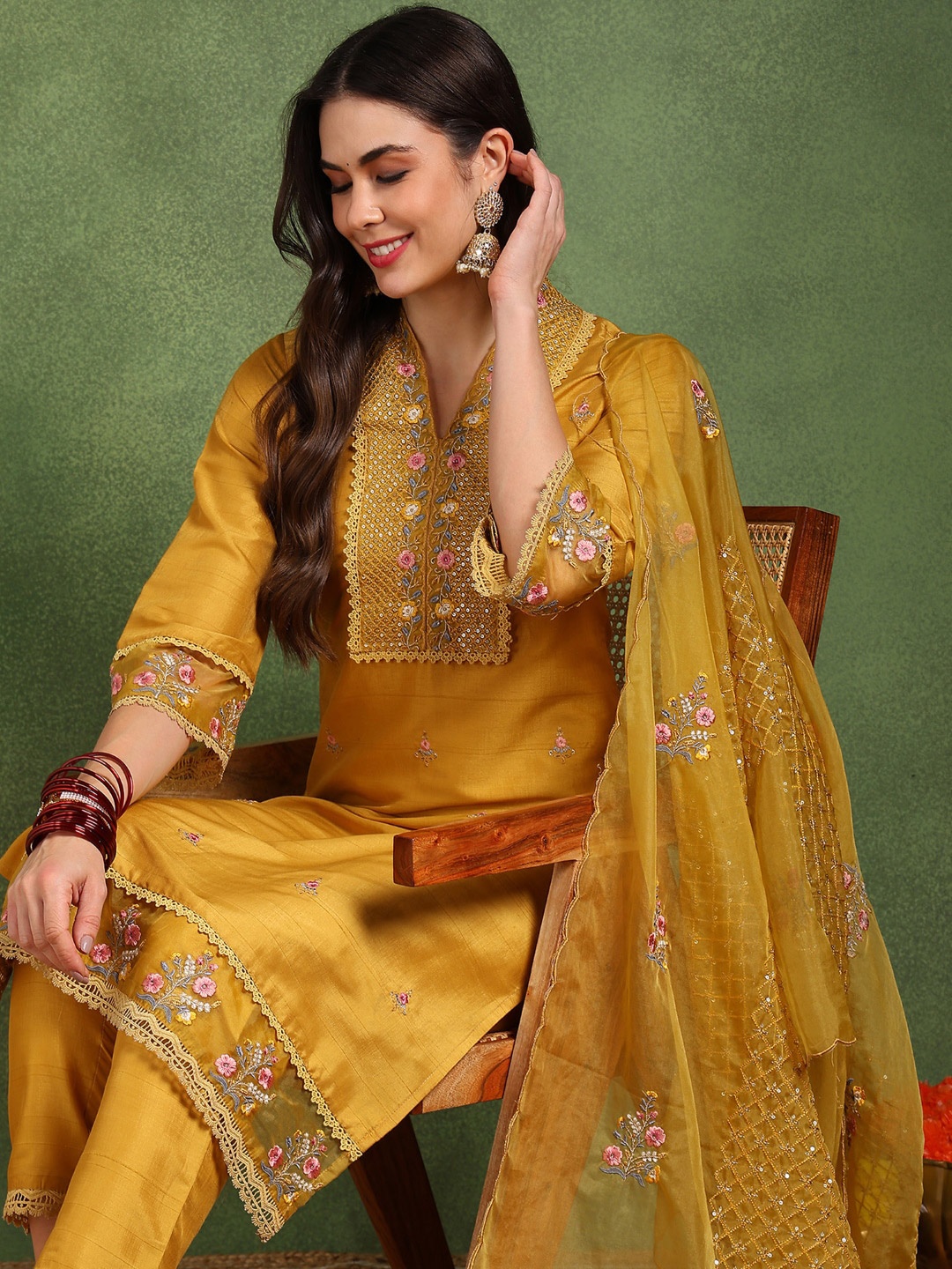 

KALINI Floral Embroidered Thread Work Kurta with Trousers & Dupatta, Mustard