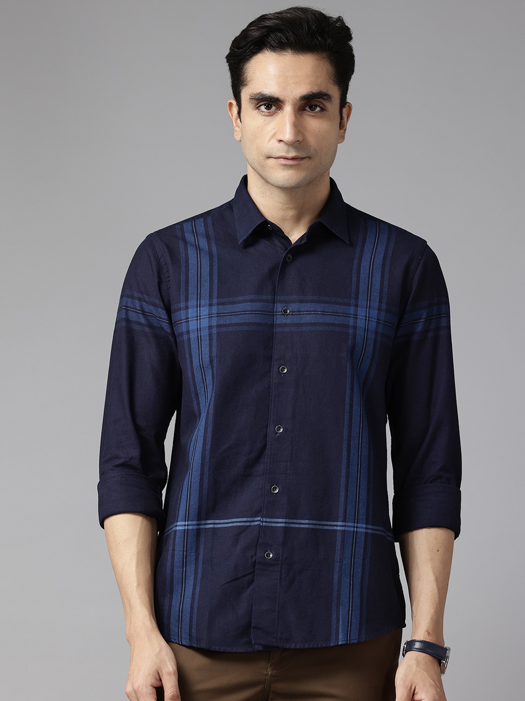 

Blackberrys Slim Fit Windowpane Checks Opaque Checked Casual Shirt, Blue