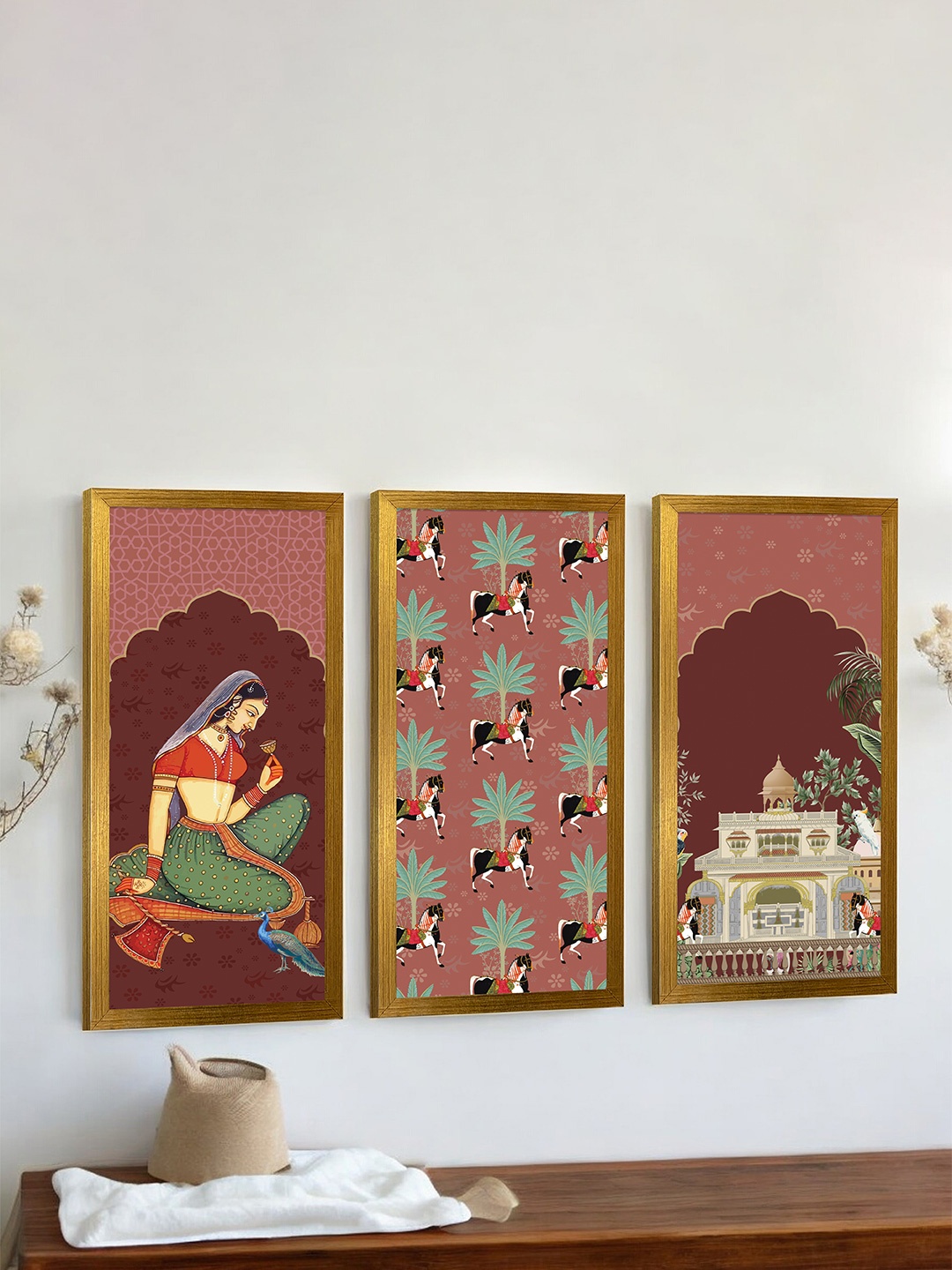

Art Street Set of 3 Traditional Mughal Art Painting, Maroon