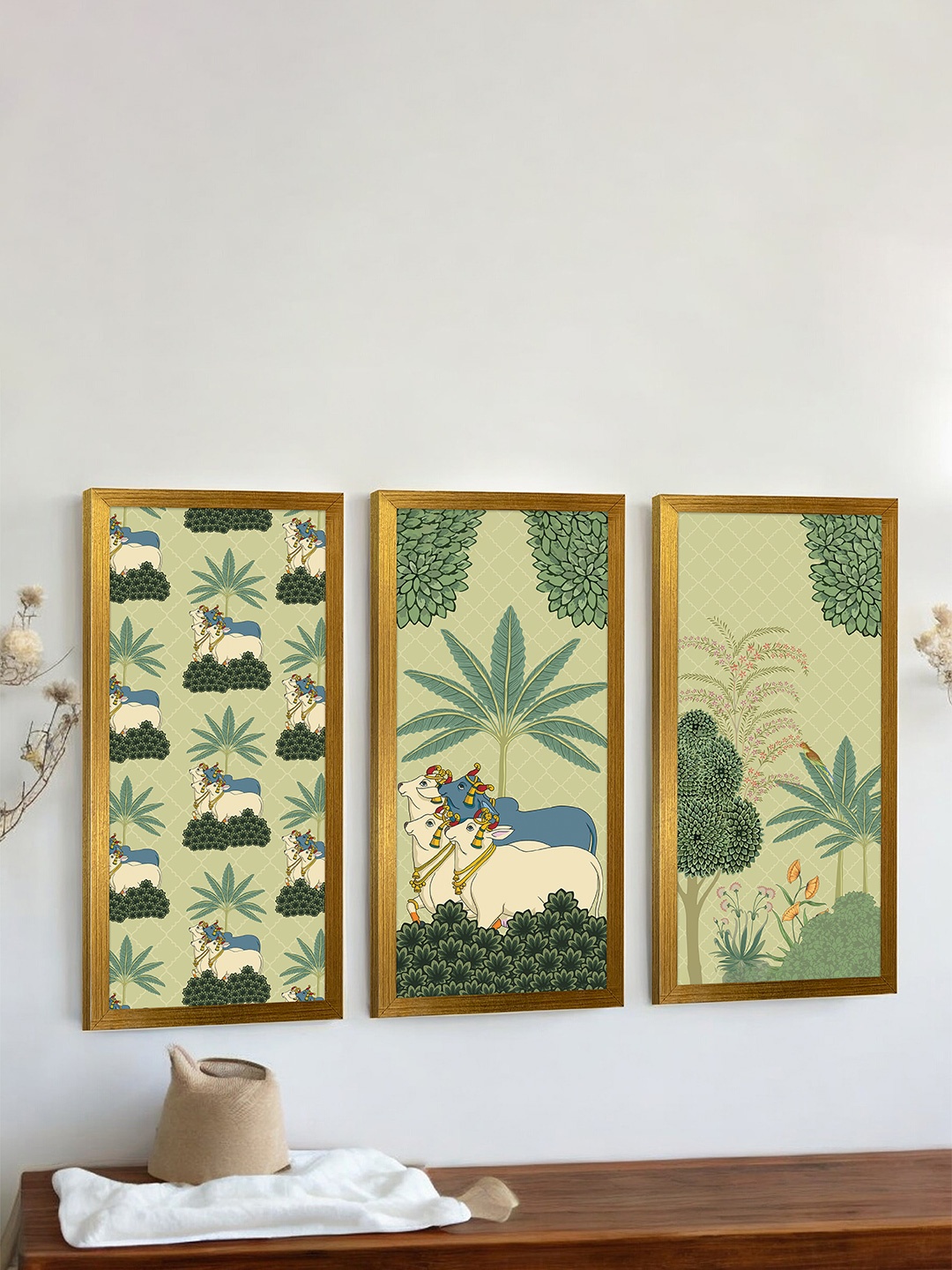 

Art Street Set of 3 Cow & Tree Framed Painting Religious Wall Art, Green