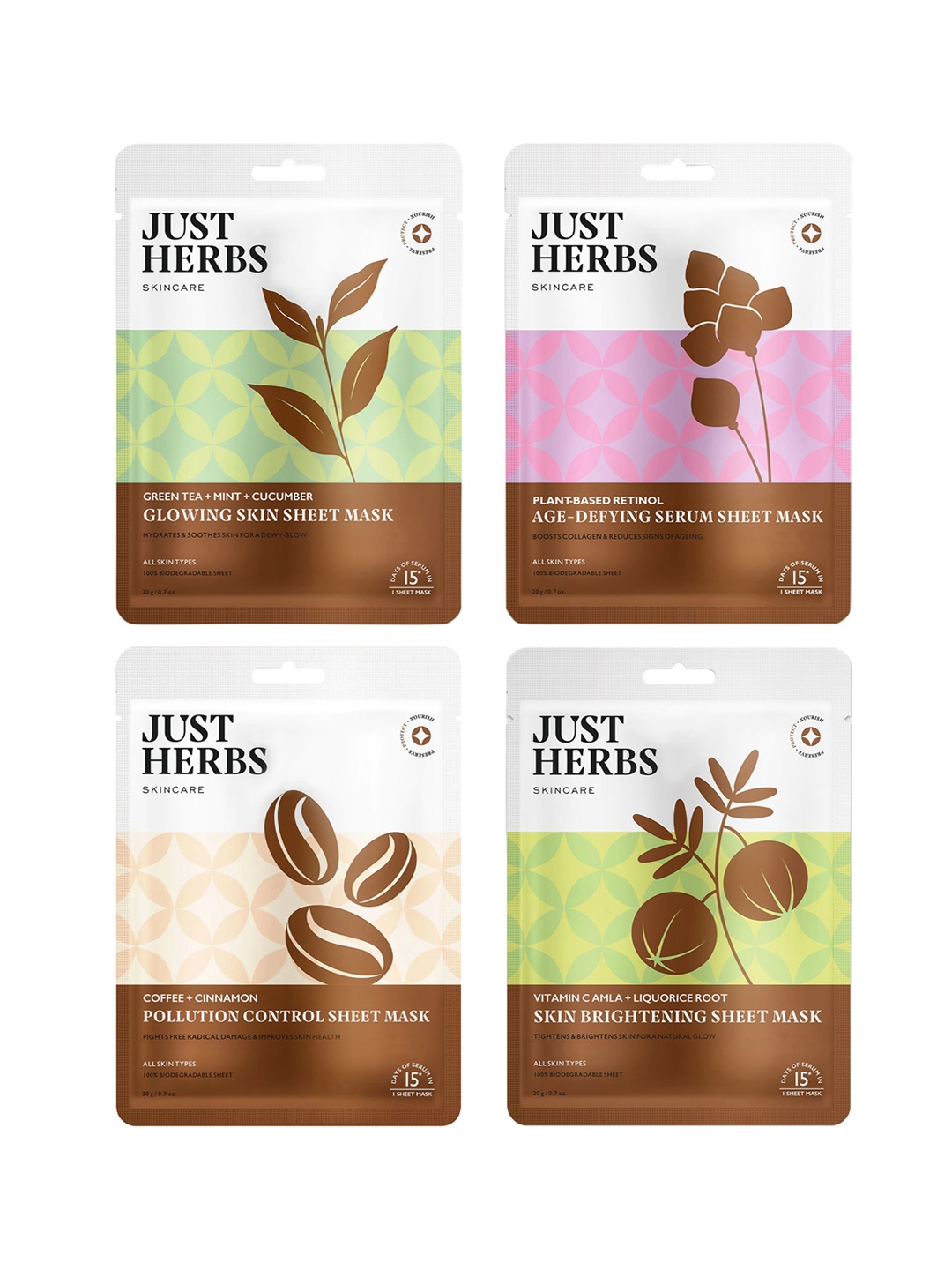 

Just Herbs Set Of 4 Sheet Mask- Age-Defying+ Glowing Skin+ Pollution Control+ Brightening, Pink