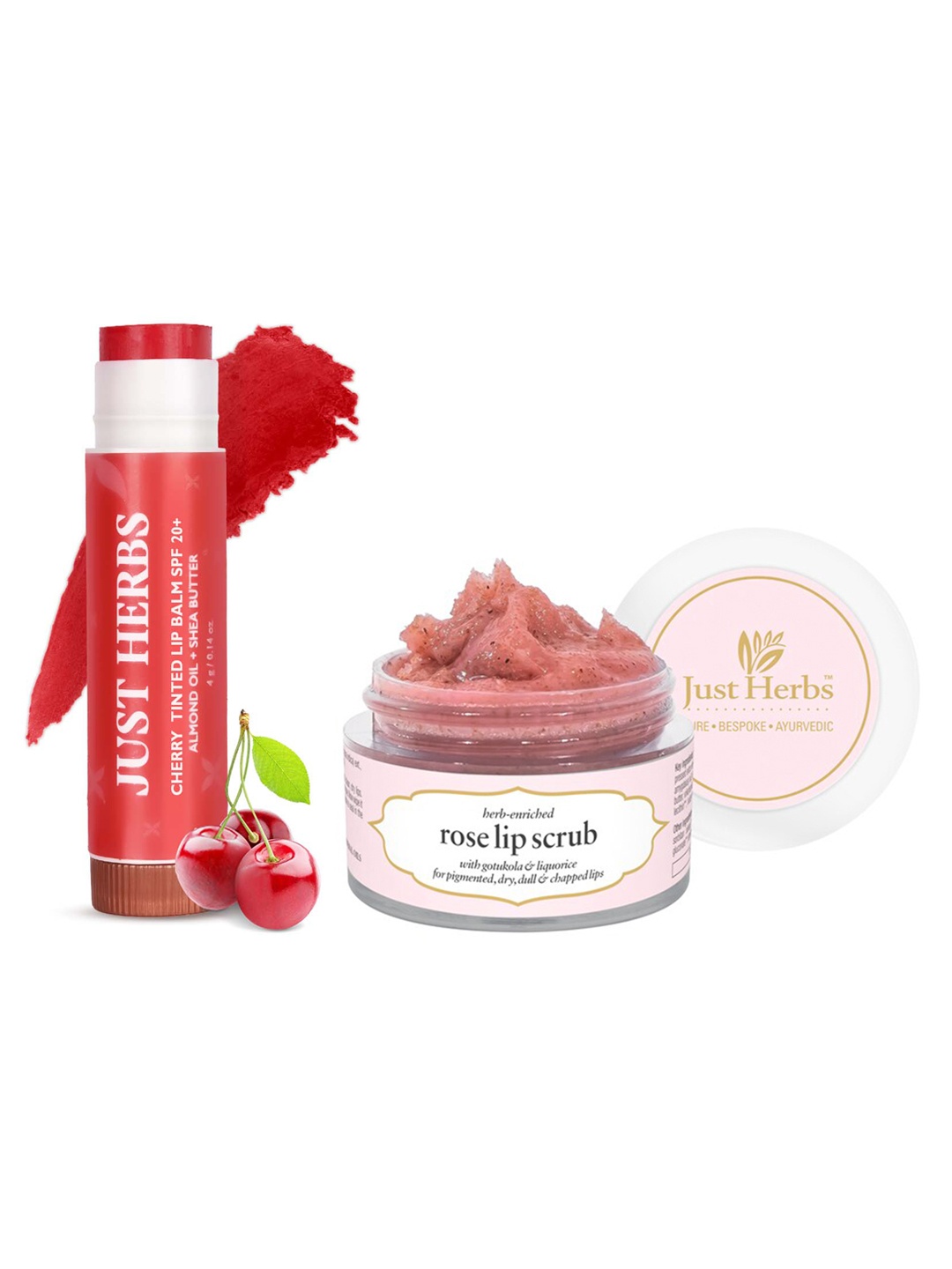 

Just Herbs Herb-Enriched Vegan Rose Lip Scrub 15g & SPF 20+ Tinted Lip Balm 4g - Cherry, Pink