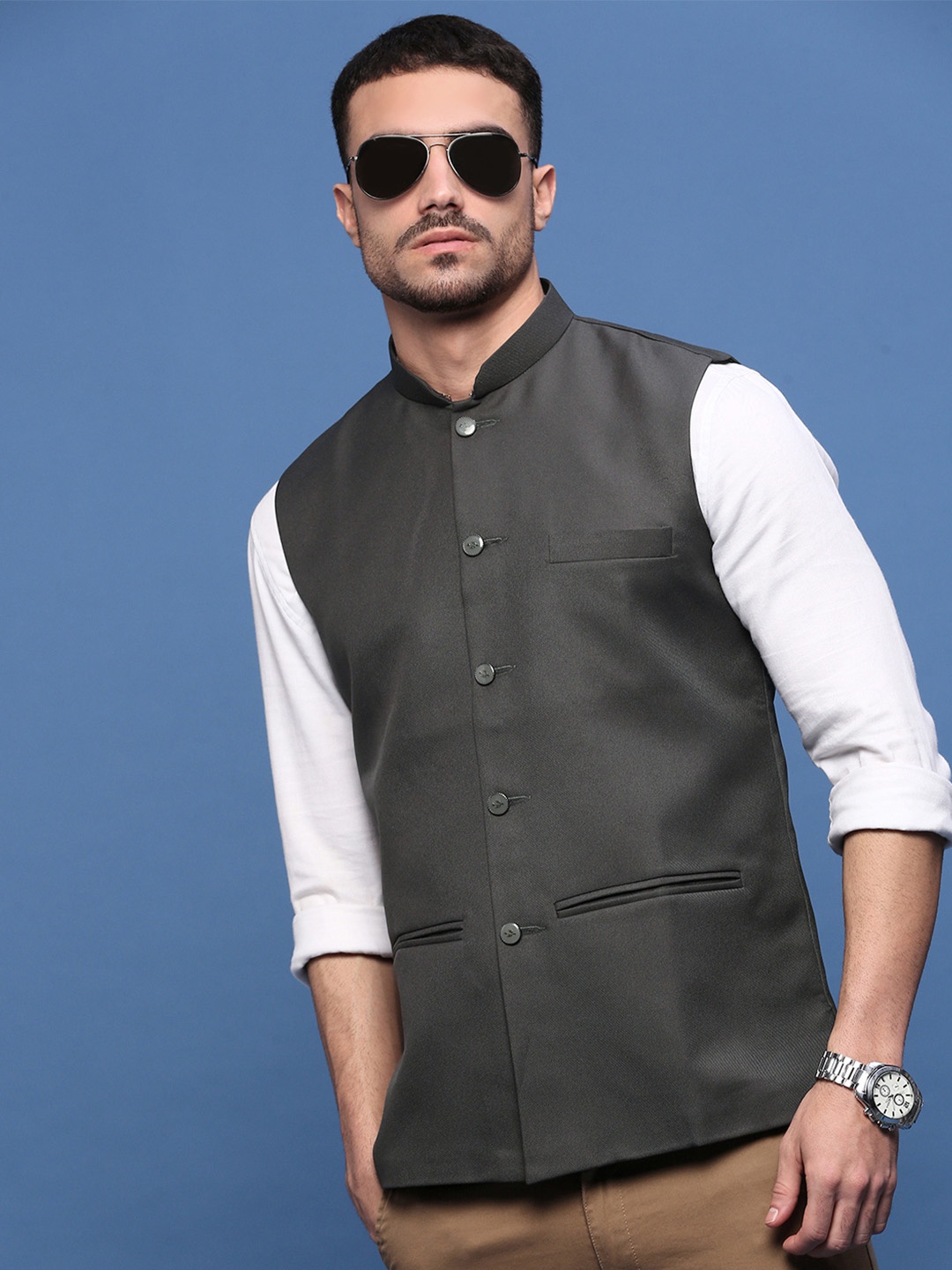 

SHOWOFF Woven Slim-Fit Nehru Jacket, Charcoal