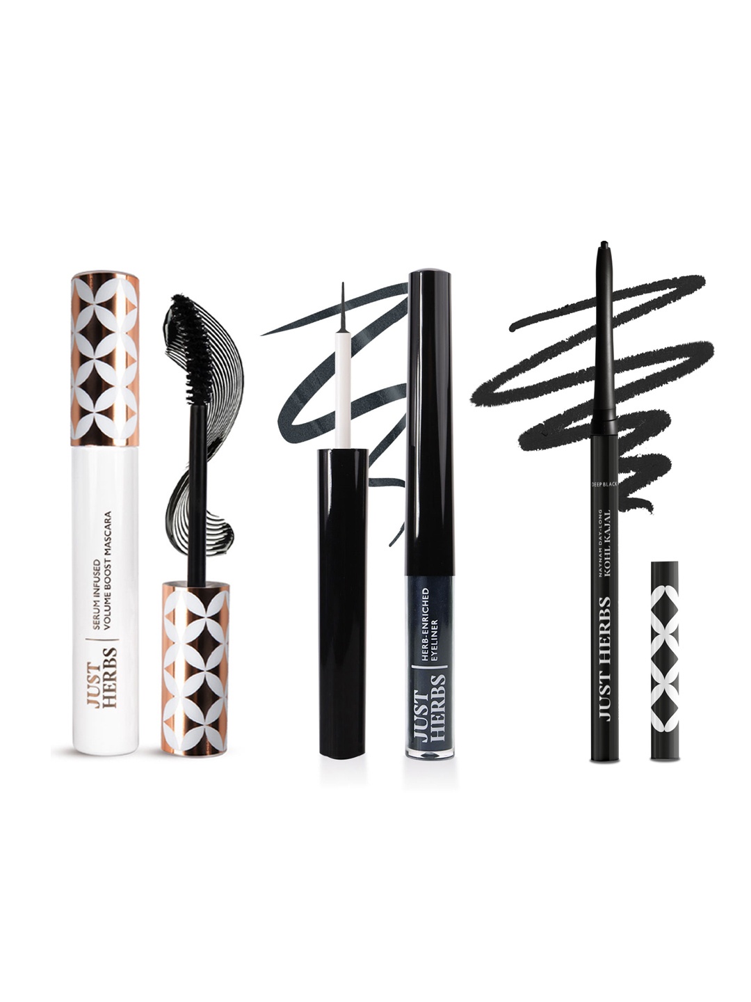 

Just Herbs Naynam 2-In-1 Kohl Kajal 0.3g+ Liquid Eyeliner 2.5ml+ Volume Boost Mascara 8ml, Black