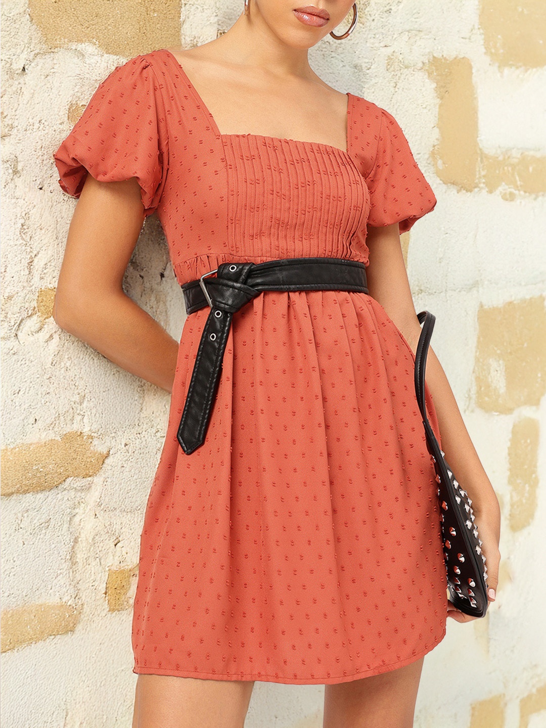 

DressBerry Fall Fever Dobby Square Neck A-Line Dress, Rust